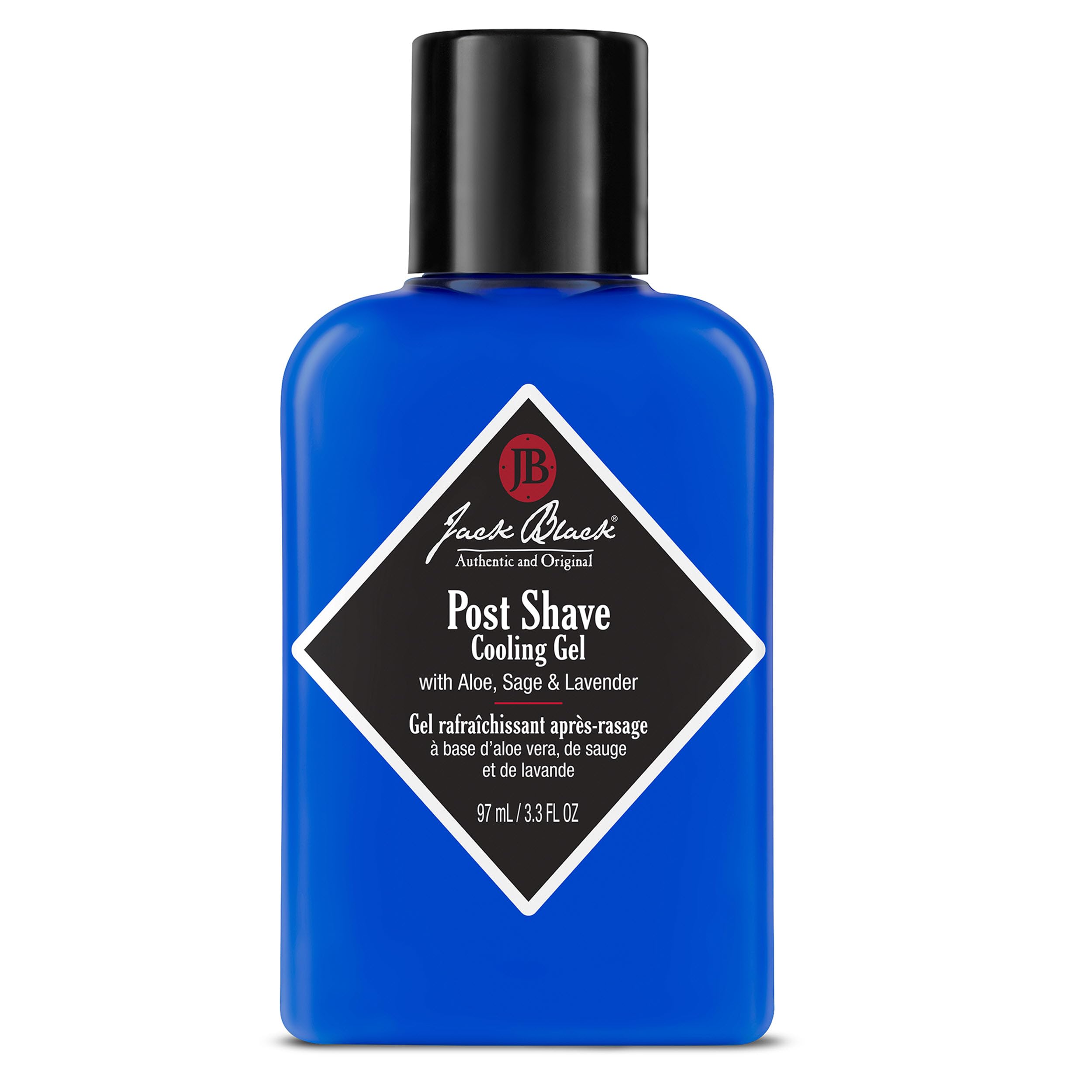 Jack Black Post Shave Cooling Gel bottle pouring for immediate soothing relief.
