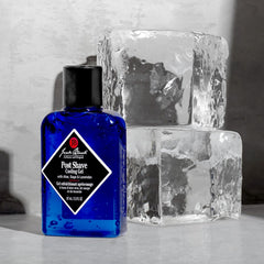 Jack Black Post Shave Cooling Gel ingredient panel with aloe and chamomile.