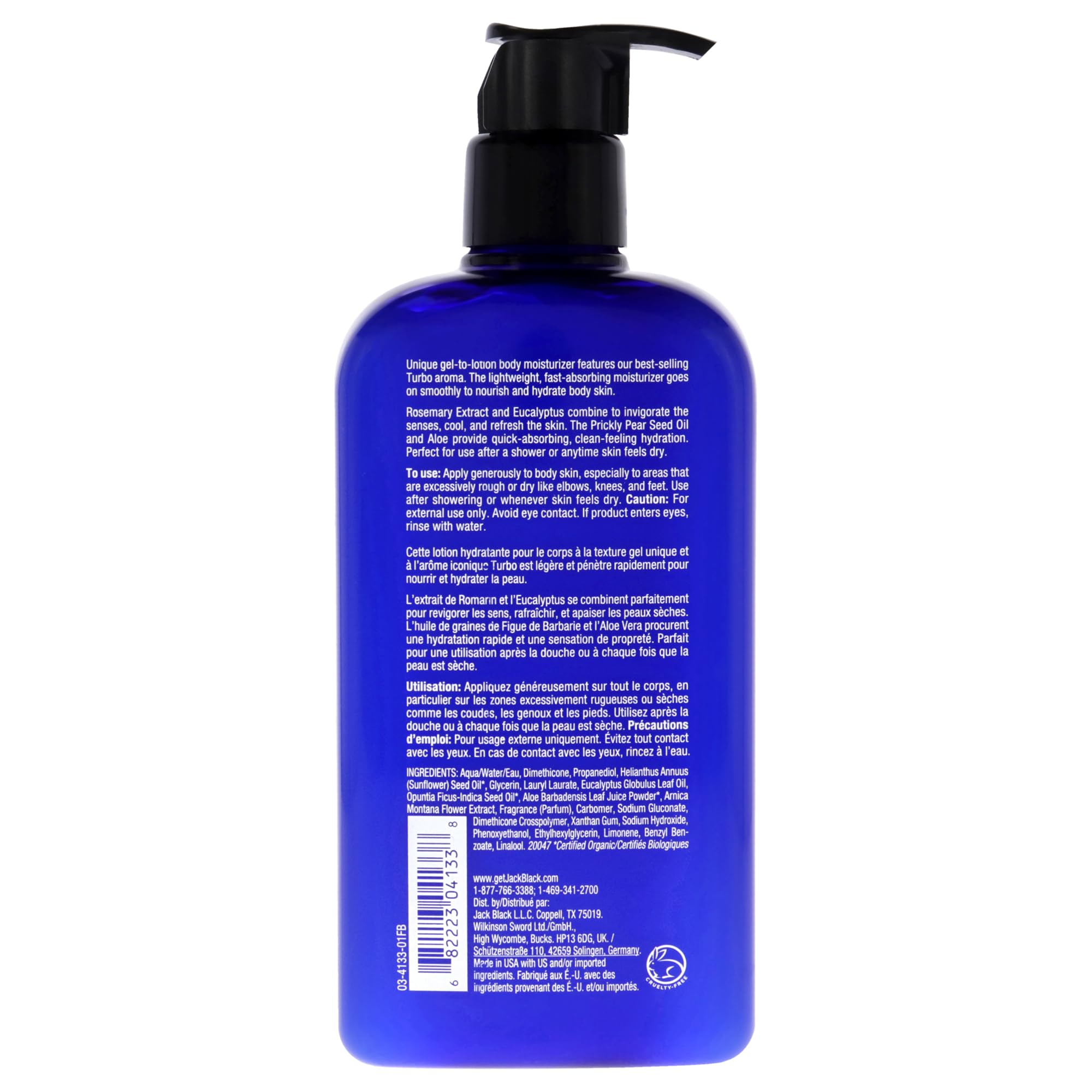 Jack Black Turbo Lotion Gel Corporel, texture gel rapide qui pénètre et rafraîchit la peau.