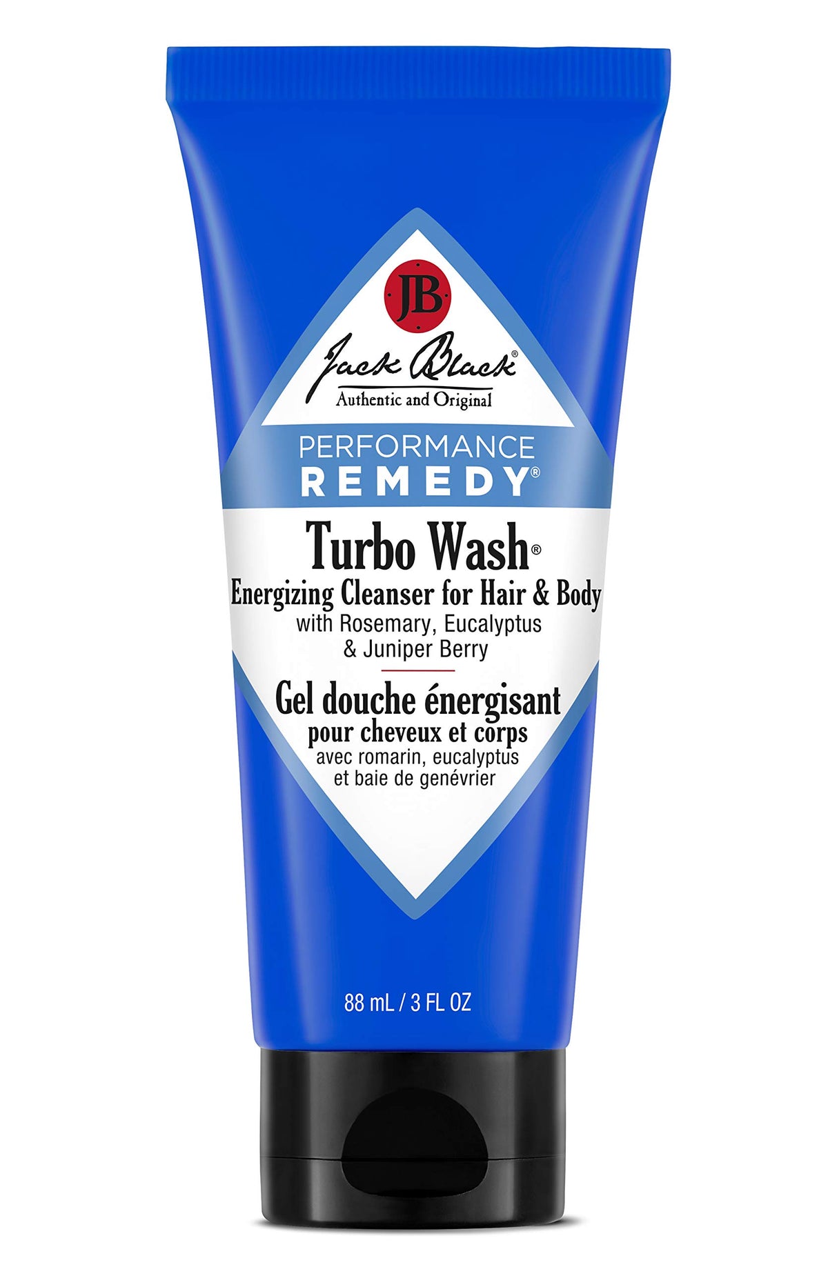Jack Black Turbo Wash botella 3 oz con aroma vigorizante para cuerpo y cabello.