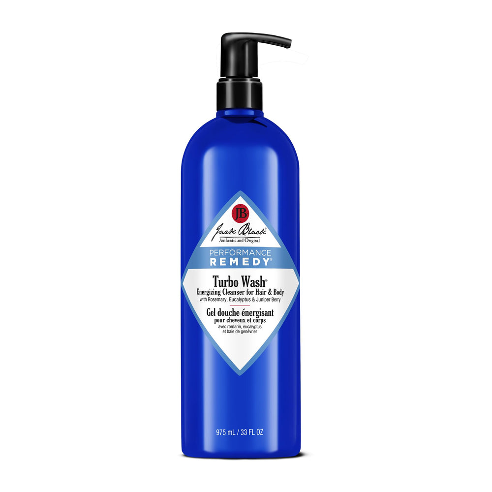 Jack Black Turbo Wash, botella frontal, limpieza suave para piel y cabello.