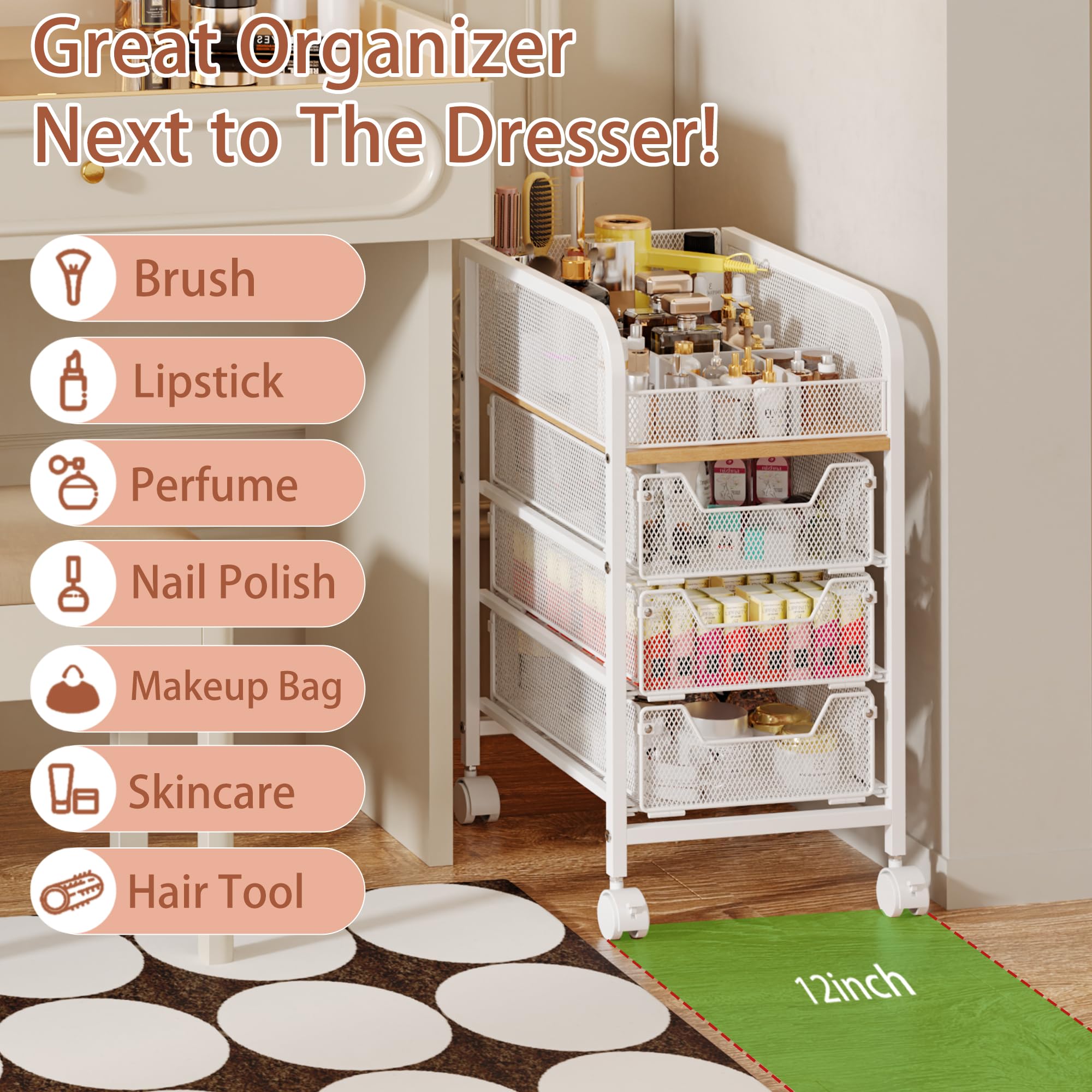 Jakyitvi carrito maquillaje diseño compacto cabe bajo tocador.