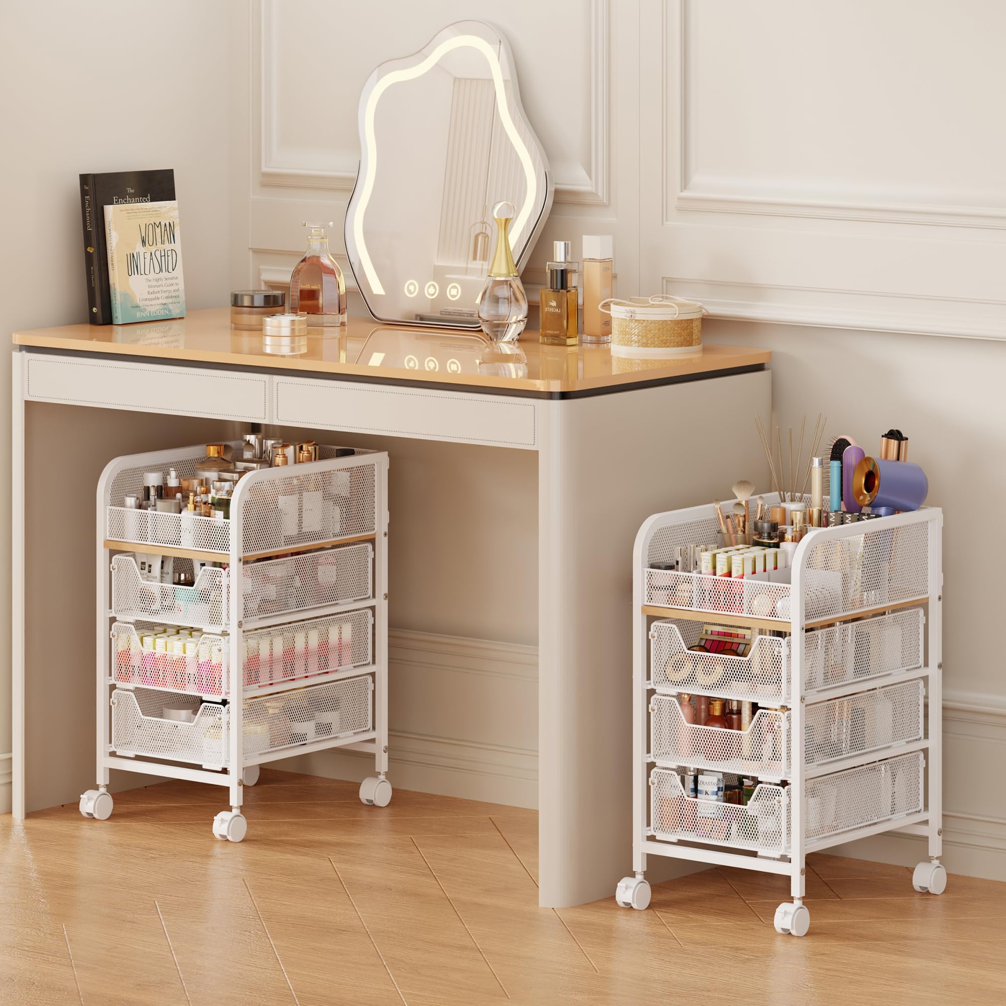 Jakyitvi carrito maquillaje con ruedas, ideal para mover entre tocador y baño.