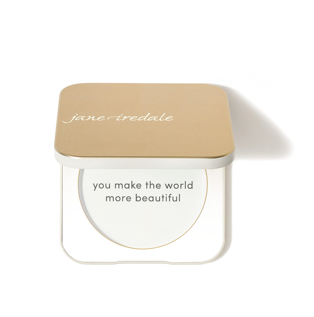 Jane Iredale Gold Compact ouvert avec miroir interieur, prêt pour retouches en déplacement.