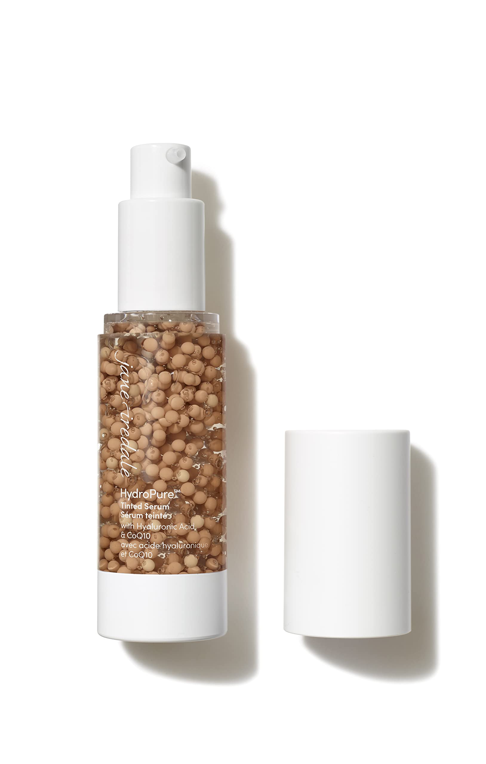 Jane iredale HydroPure Serum tintado: botella elegante para hidratación suave y tono uniforme.