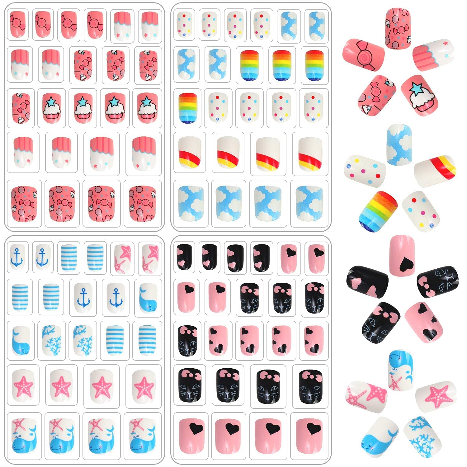 Caja de uñas falsas JANYUN con tallas variadas para niñas, lista para jugar y vestir.
