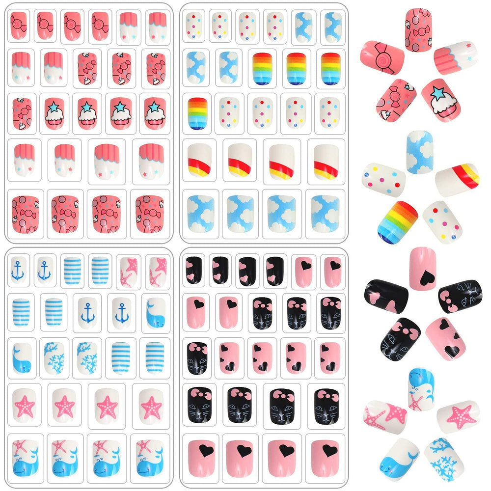 Caja de uñas falsas JANYUN con tallas variadas para niñas, lista para jugar y vestir.