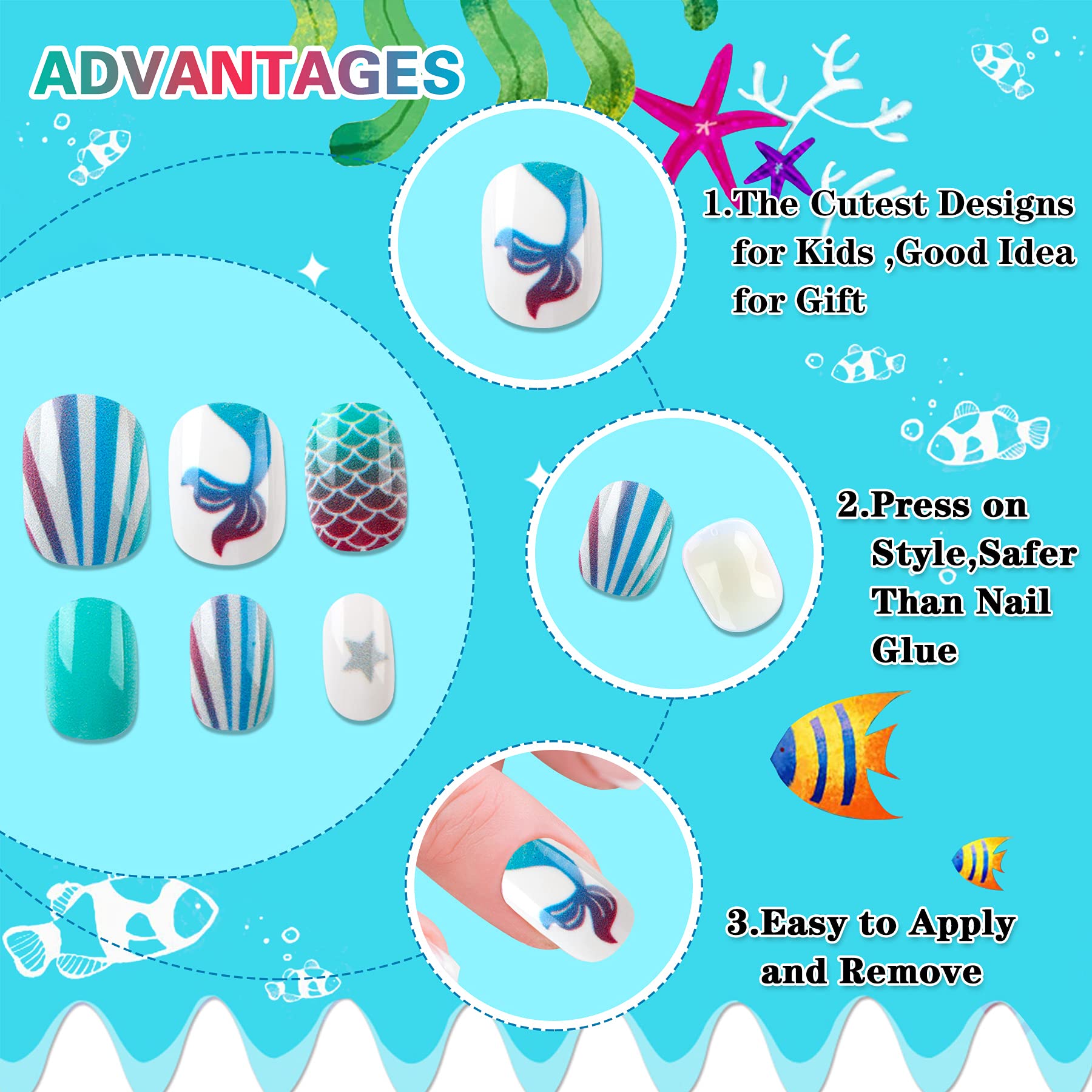 Uñas JANYUN infantiles diseño escamas azul, estimula la creatividad de las niñas.