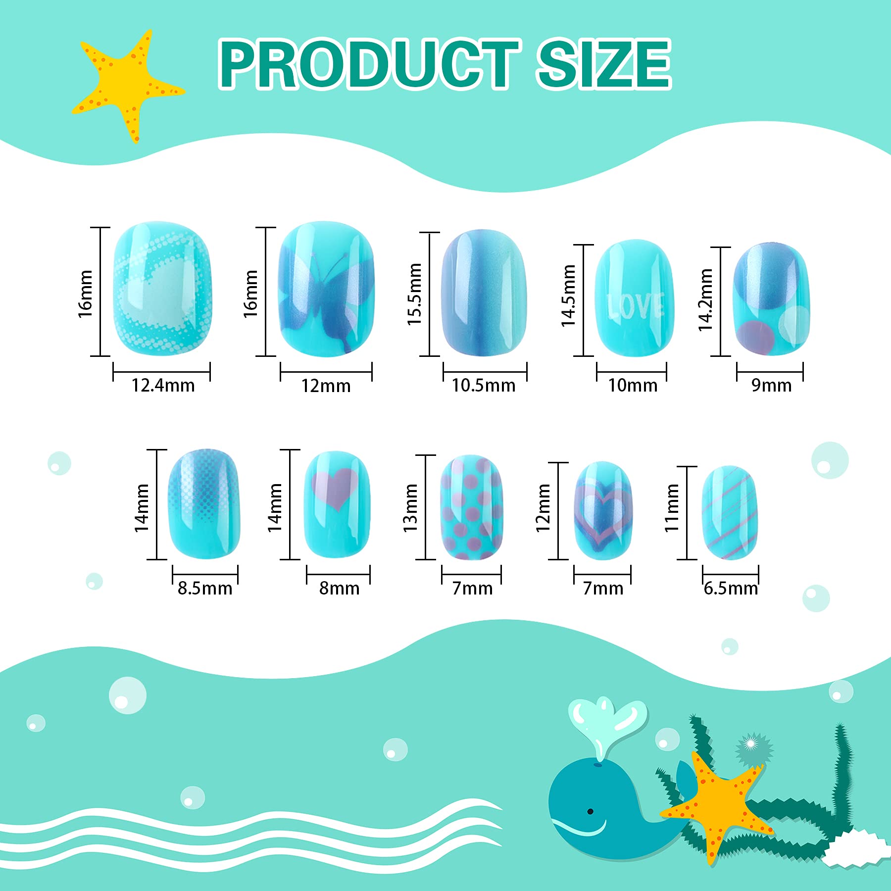 Uñas JANYUN infantiles diseño peces azul, ideal para juego seguro.