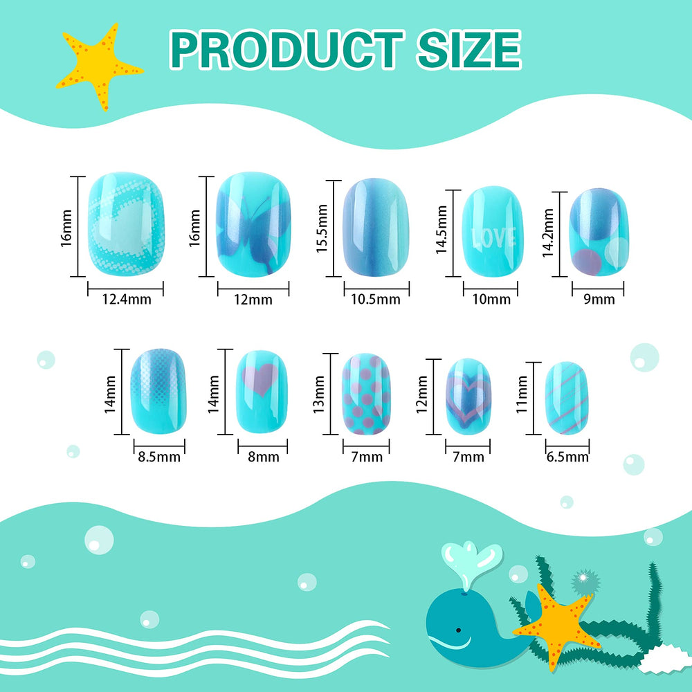 Uñas JANYUN infantiles diseño peces azul, ideal para juego seguro.