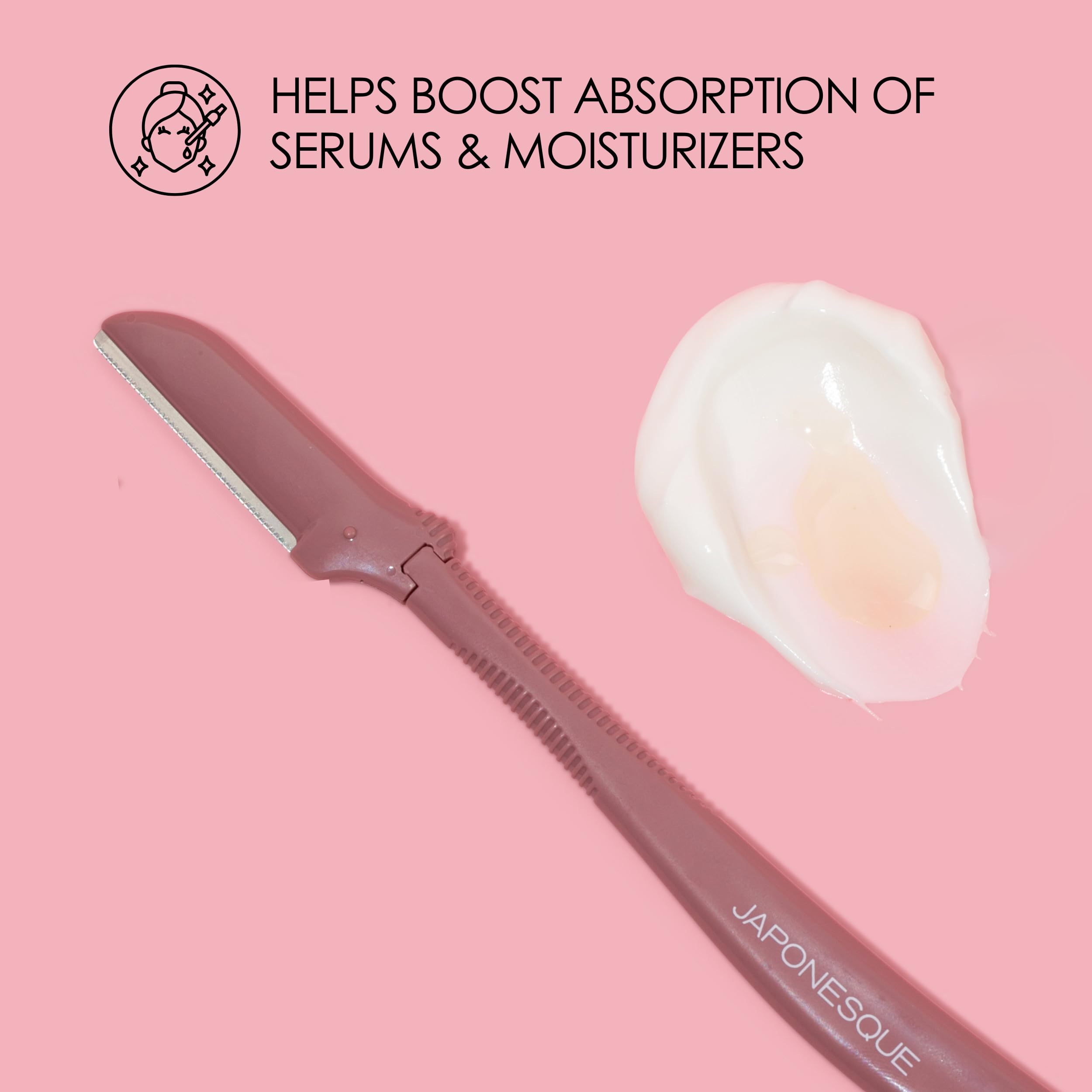 JAPONESQUE dermaplaner removing peach fuzz on cheeks for smoother makeup base.