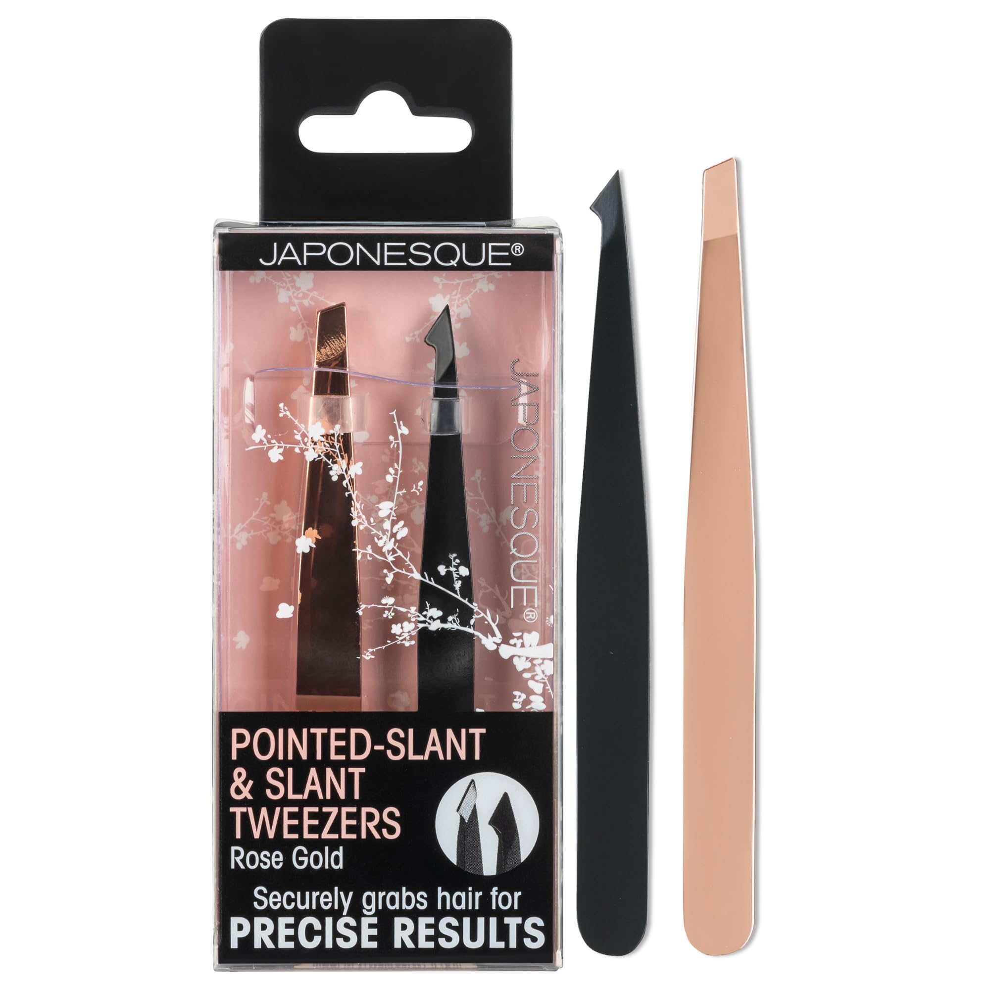 Pinzas Japonesque con puntas inclinadas en oro rosa para definir cejas con precisión.
