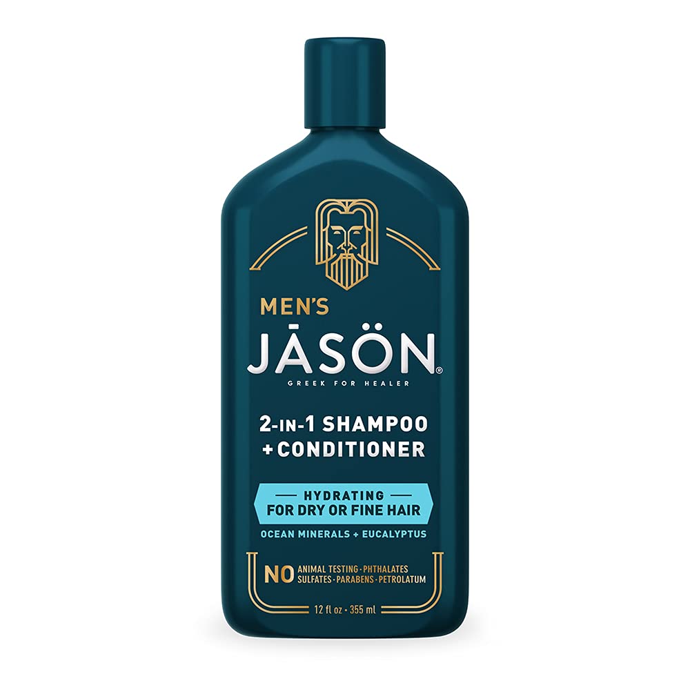 Jason 2 en 1 para hombres, frente de la botella, hidratación suave para cabello fino.