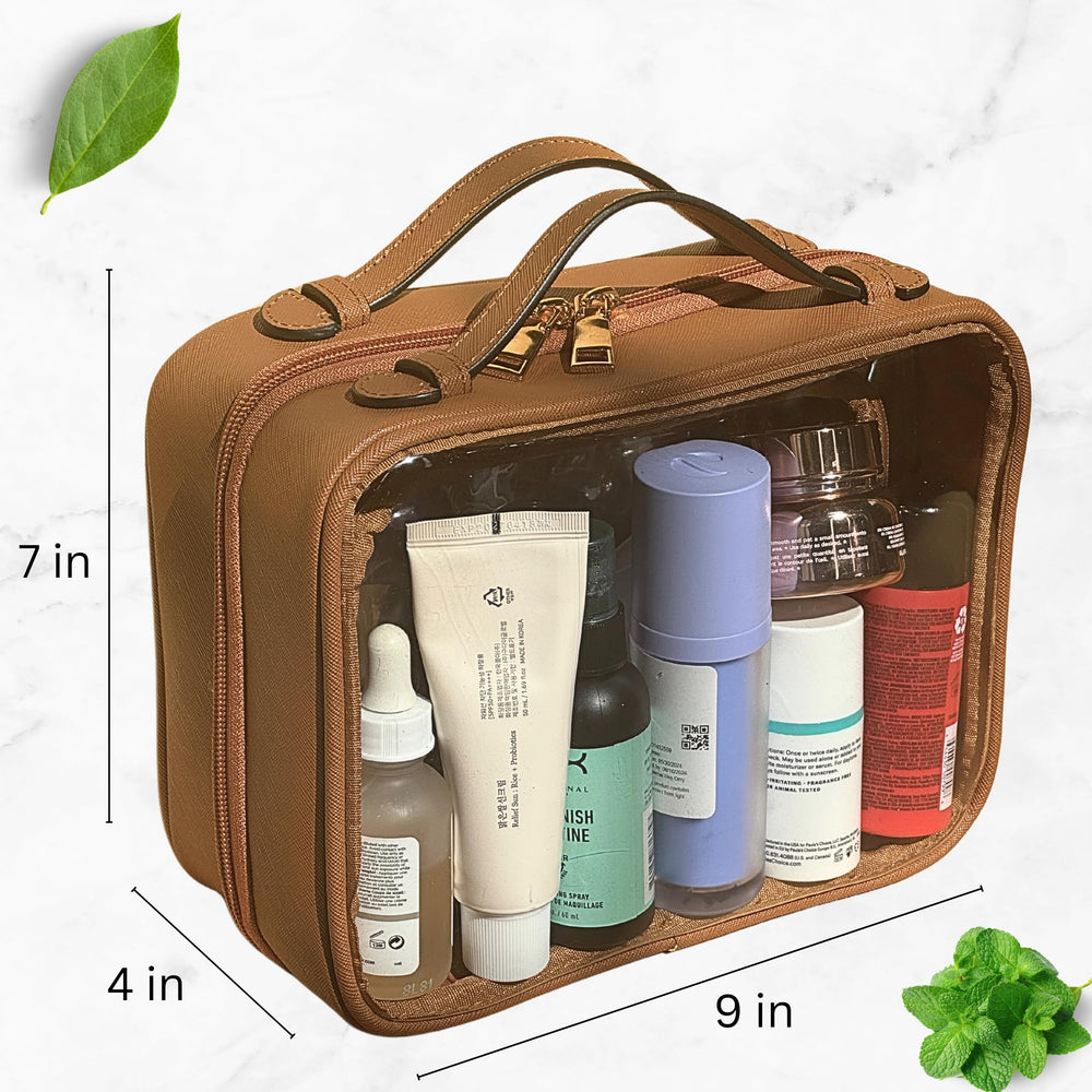 JAZD organizador de maquillaje transparente con dos bolsillos interiores, ideal para viaje.