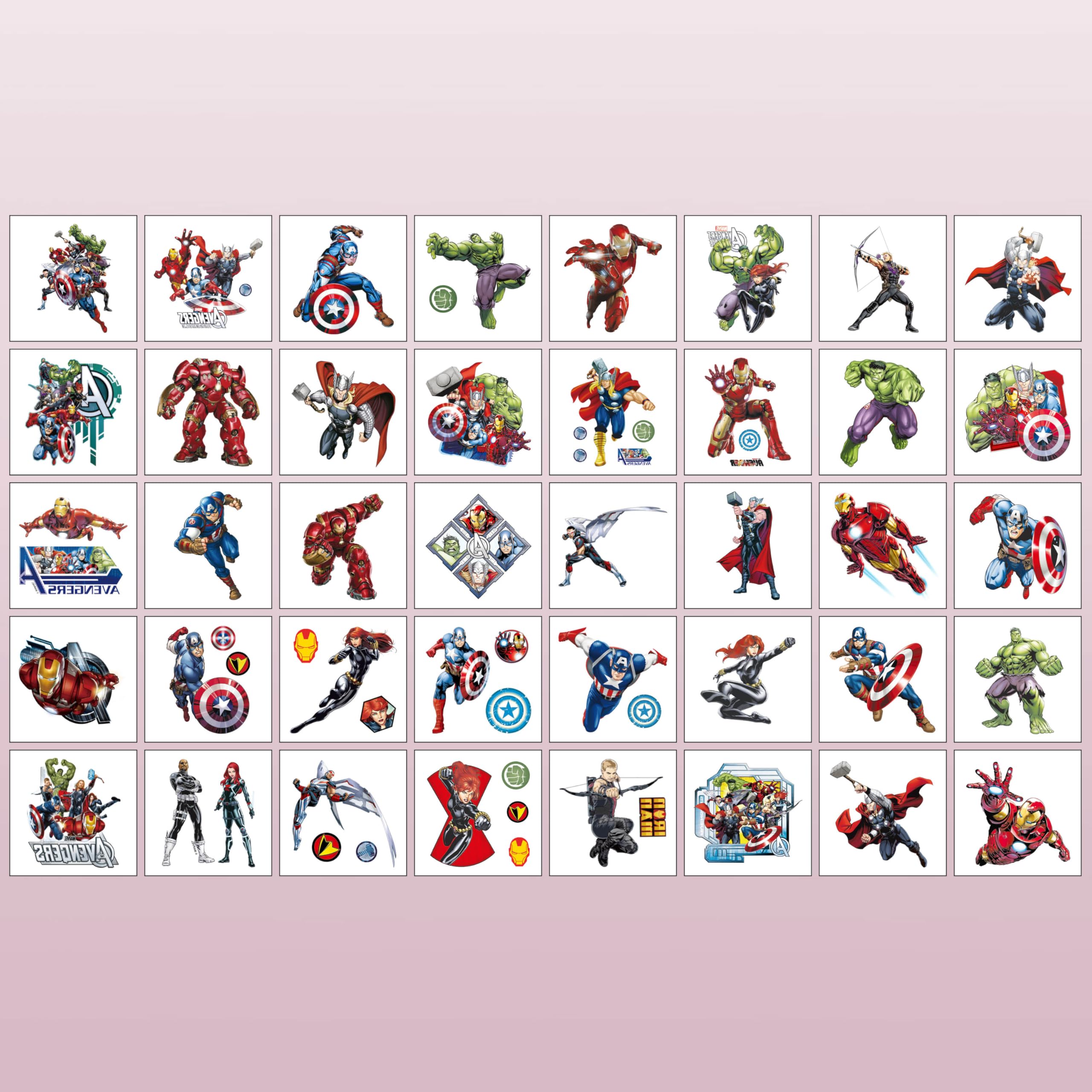 Tatuajes de Avengers para niños; dibujos animados para cumpleaños.