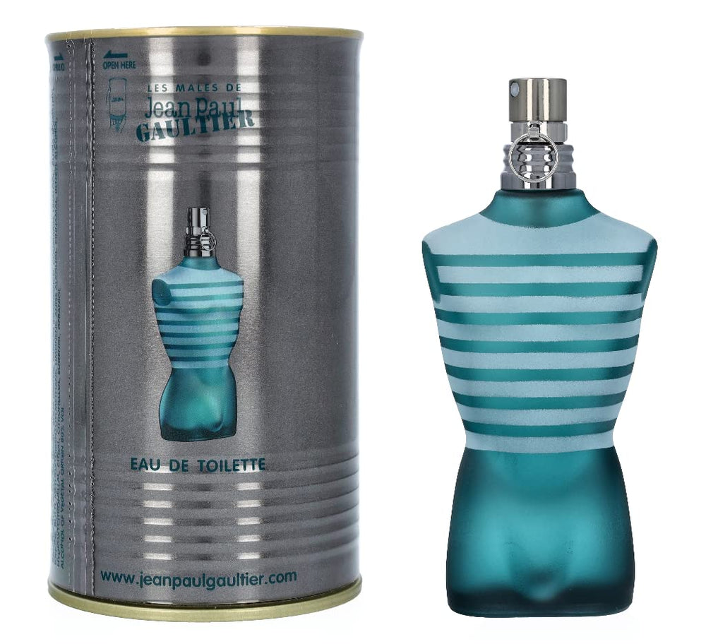 Frasco Le Male de Jean Paul Gaultier, vista frontal, ideal para uso diario.