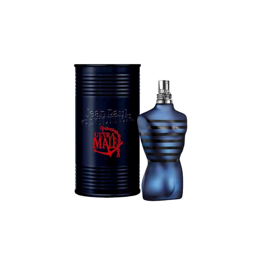 Ultra Male de Jean Paul Gaultier, botella torso azul oscuro con rayas; ideal para cenas y eventos nocturnos.