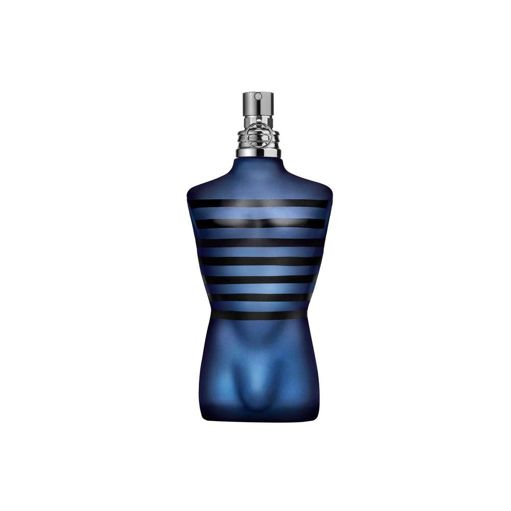 Ultra Male Jean Paul Gaultier, botella torso azul estriado; diseño elegante para uso diario y salidas nocturnas.
