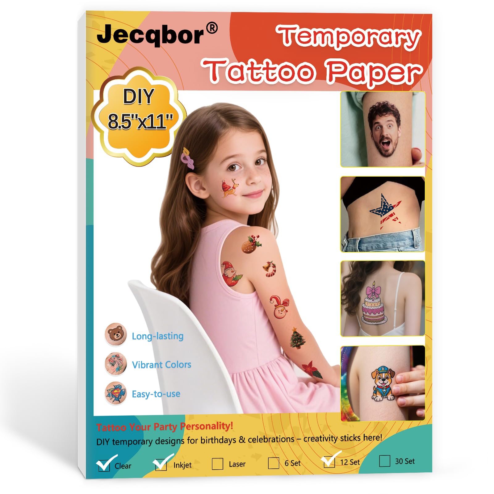 Tatuaje temporal Jecqbor impreso para impresora de tinta, 6 hojas