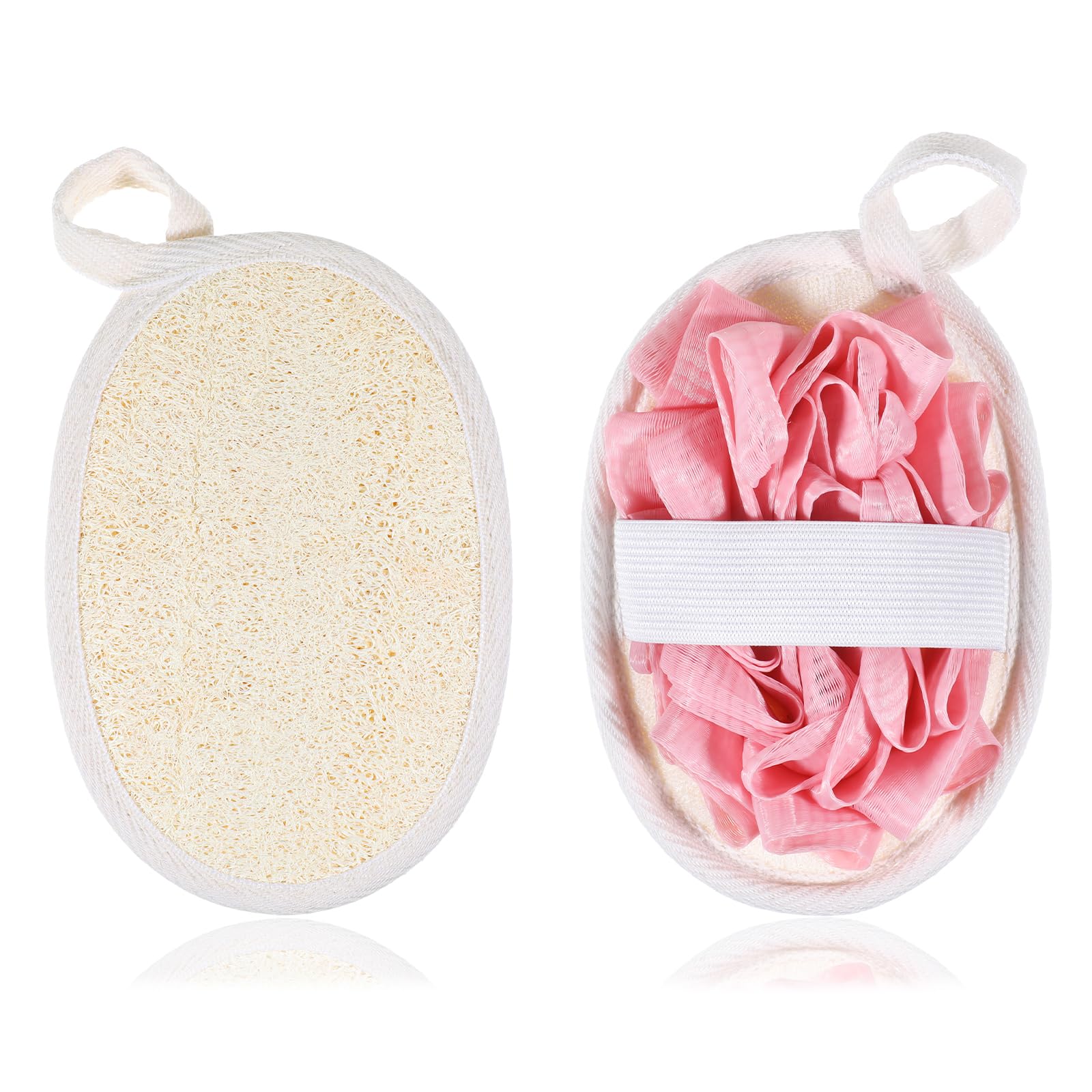 Esponja luffa natural Jeffdad rosa para exfoliar suavemente el cuerpo.