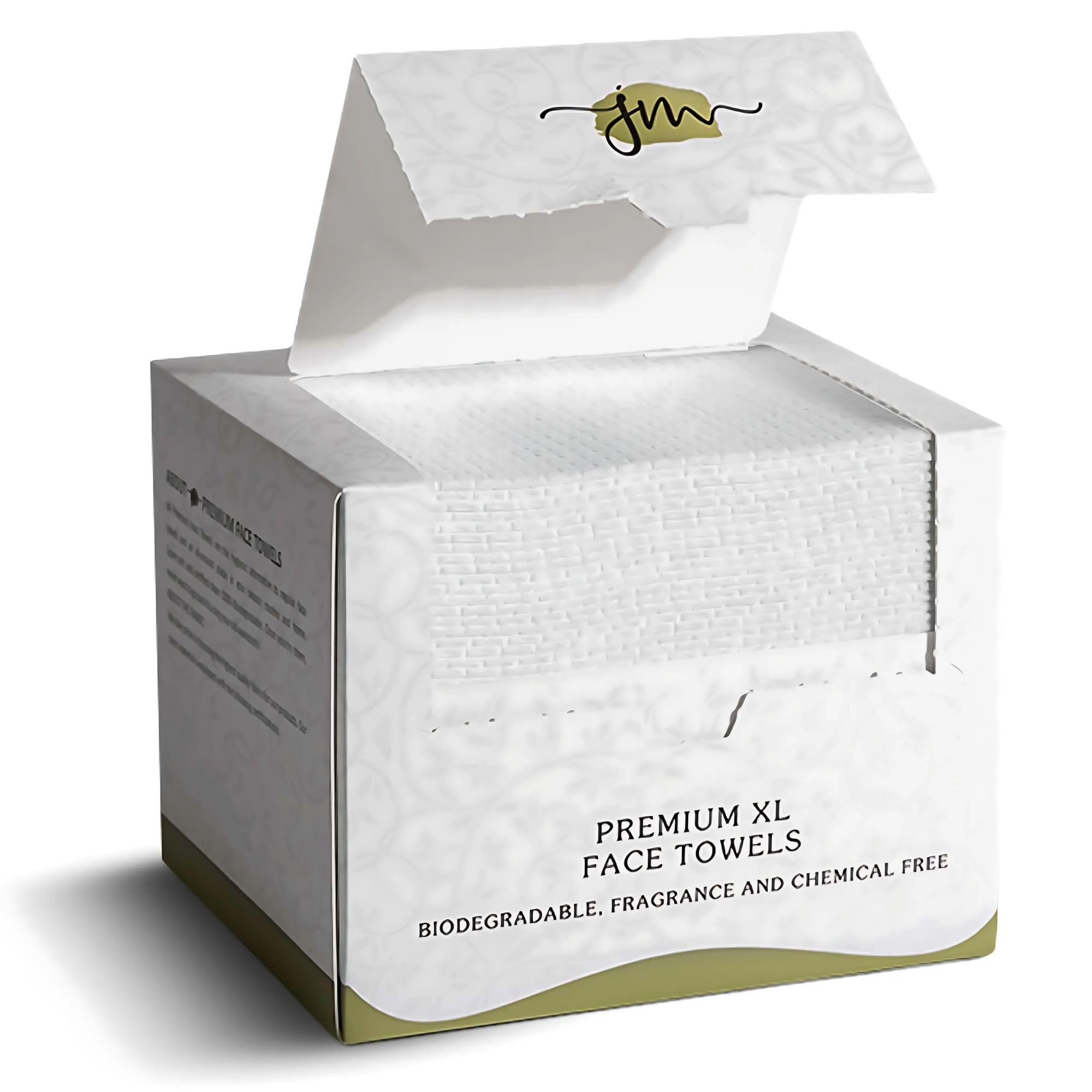 JenMom toallas faciales desechables XL 10x12 para cobertura total y secado suave.