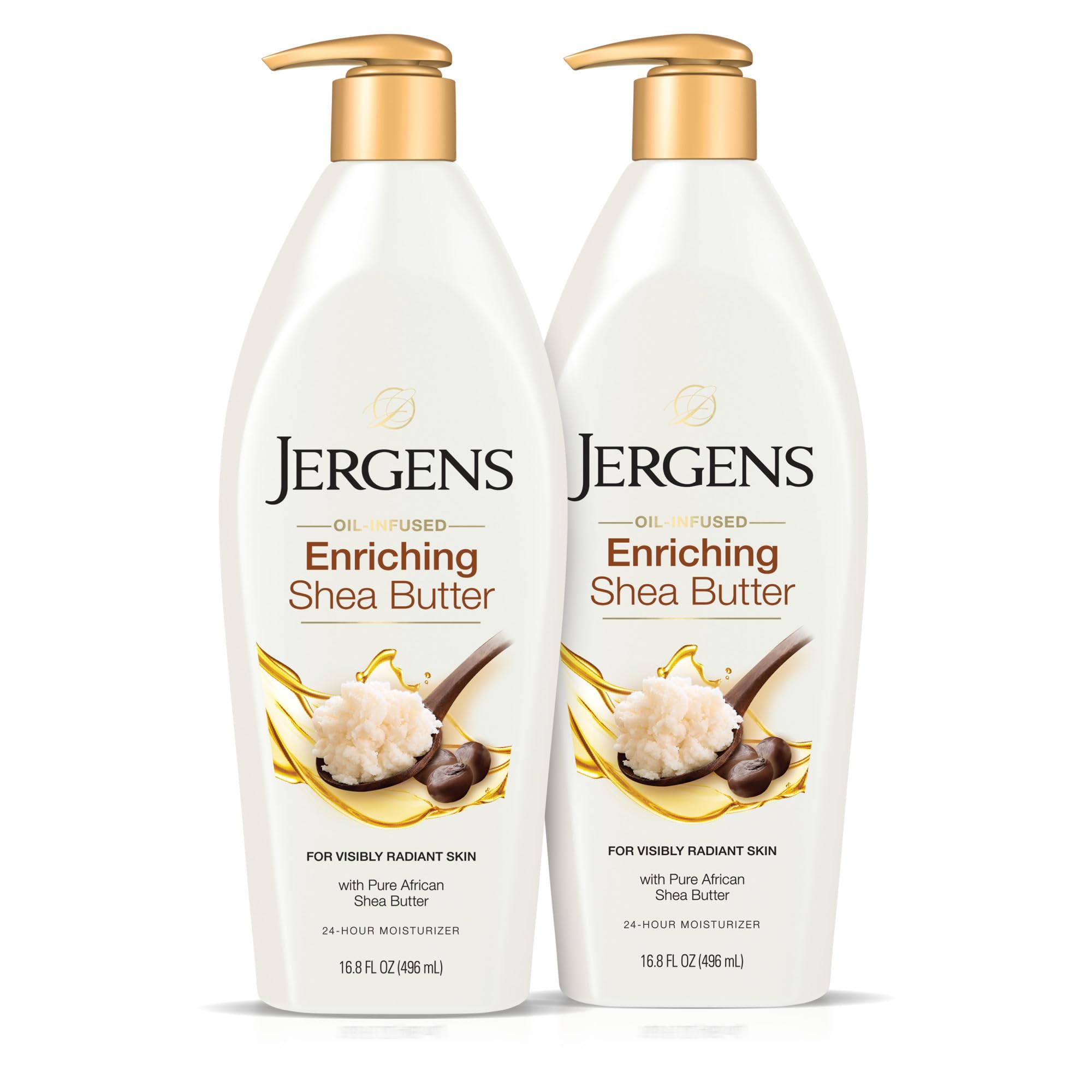 Loción corporal Jergens con manteca de karité, botella de 16.8 onzas lista para hidratar.