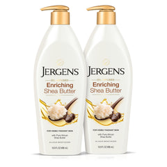Loción corporal Jergens con manteca de karité, botella de 16.8 onzas lista para hidratar.