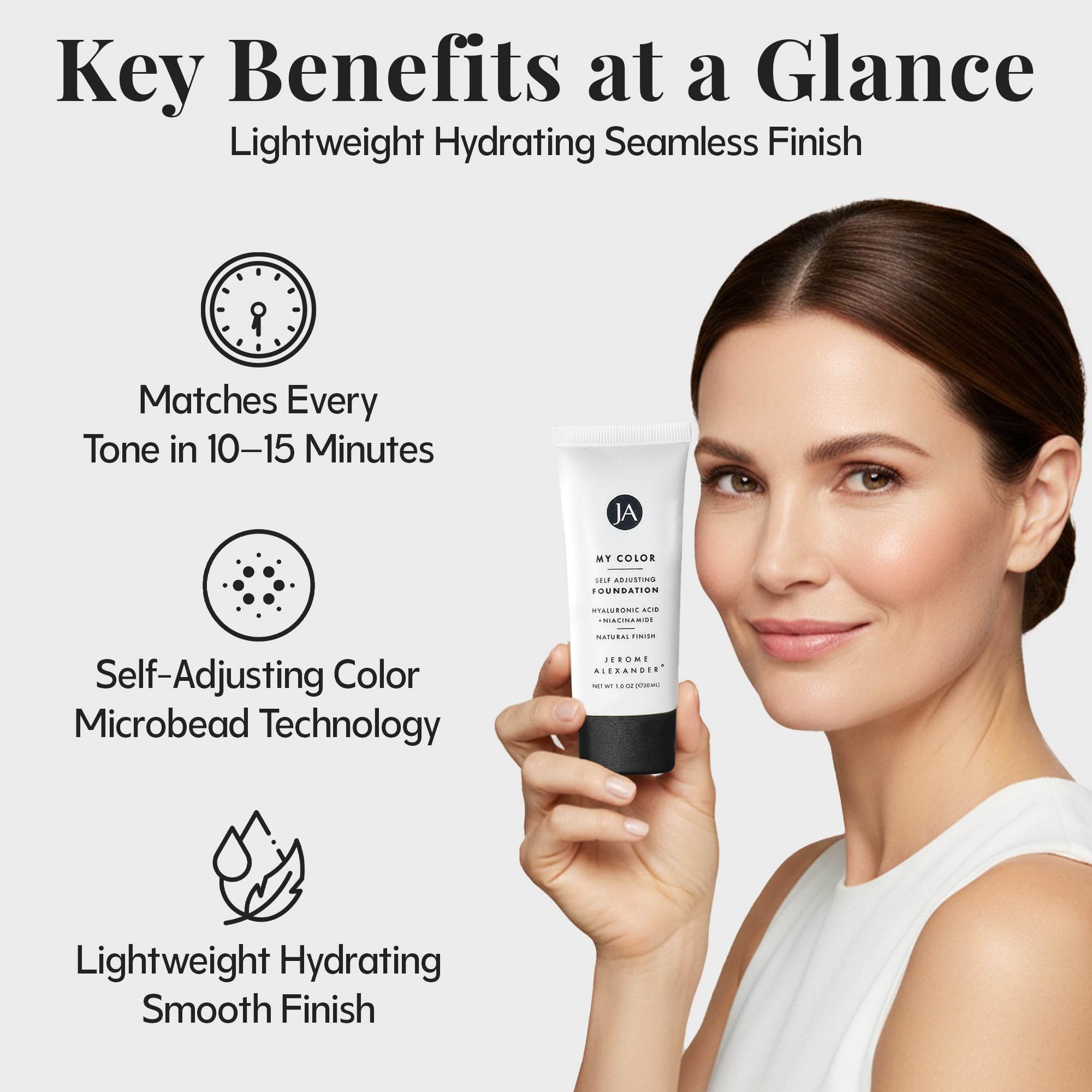 Jerome Alexander – Actifs soin: hyaluronique et niacinamide pour hydratation.
