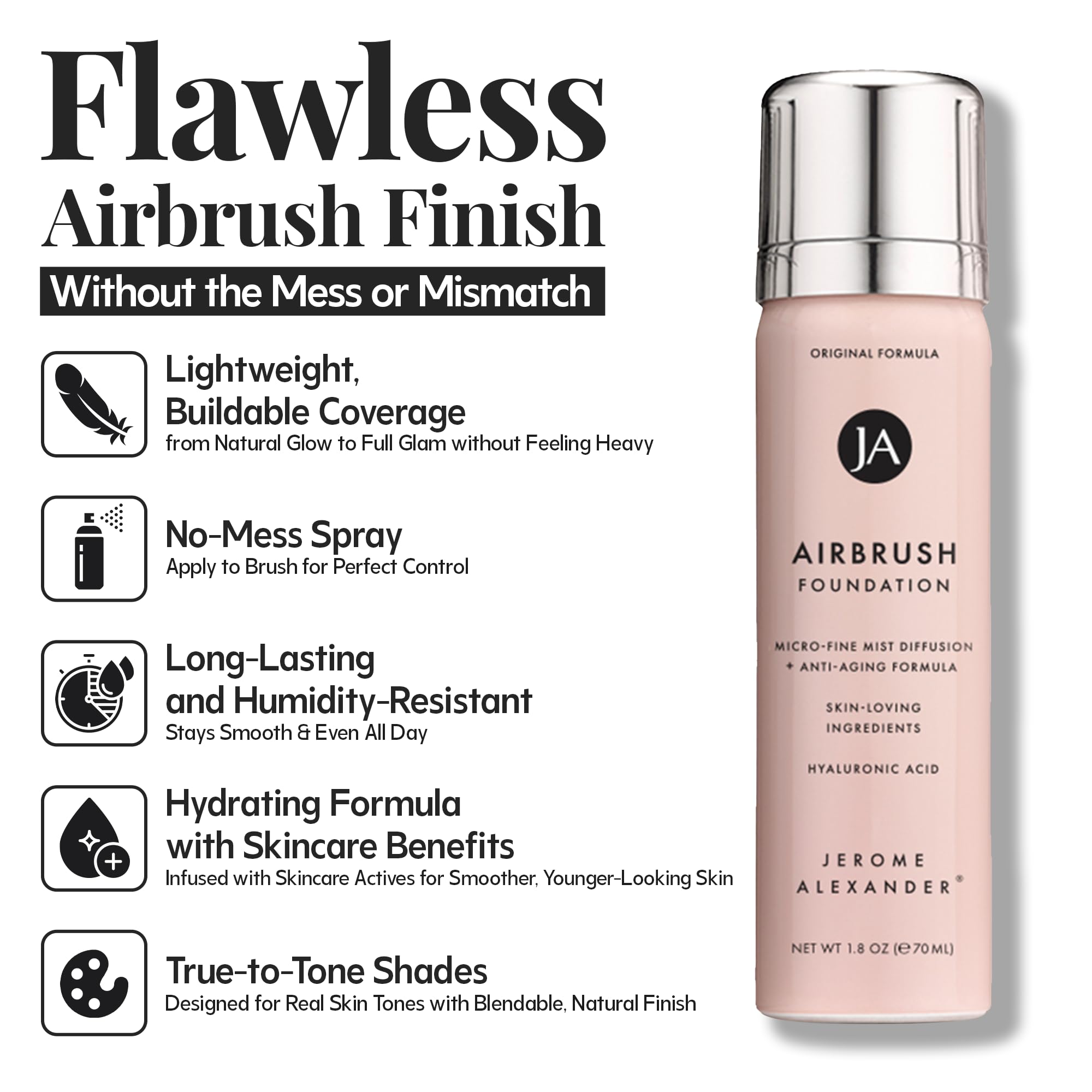 Jerome Alexander Airbrush Foundation Spray: natural matte finish with streak-free blending.