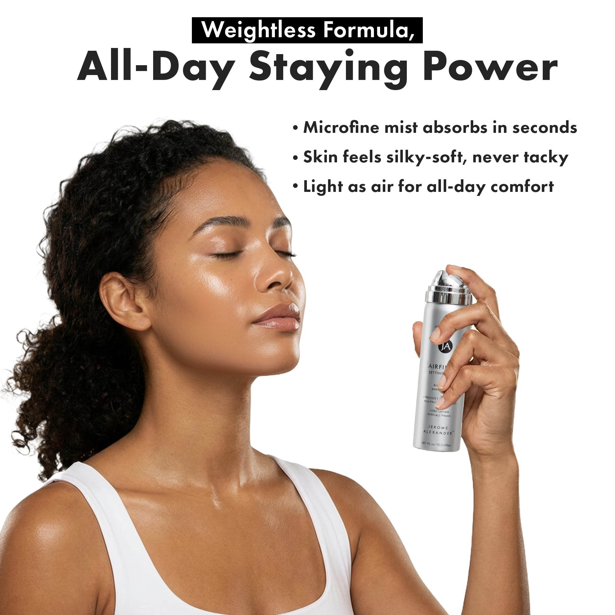 Jerome Alexander AirFinish spray hydratant pour maquillage durable.