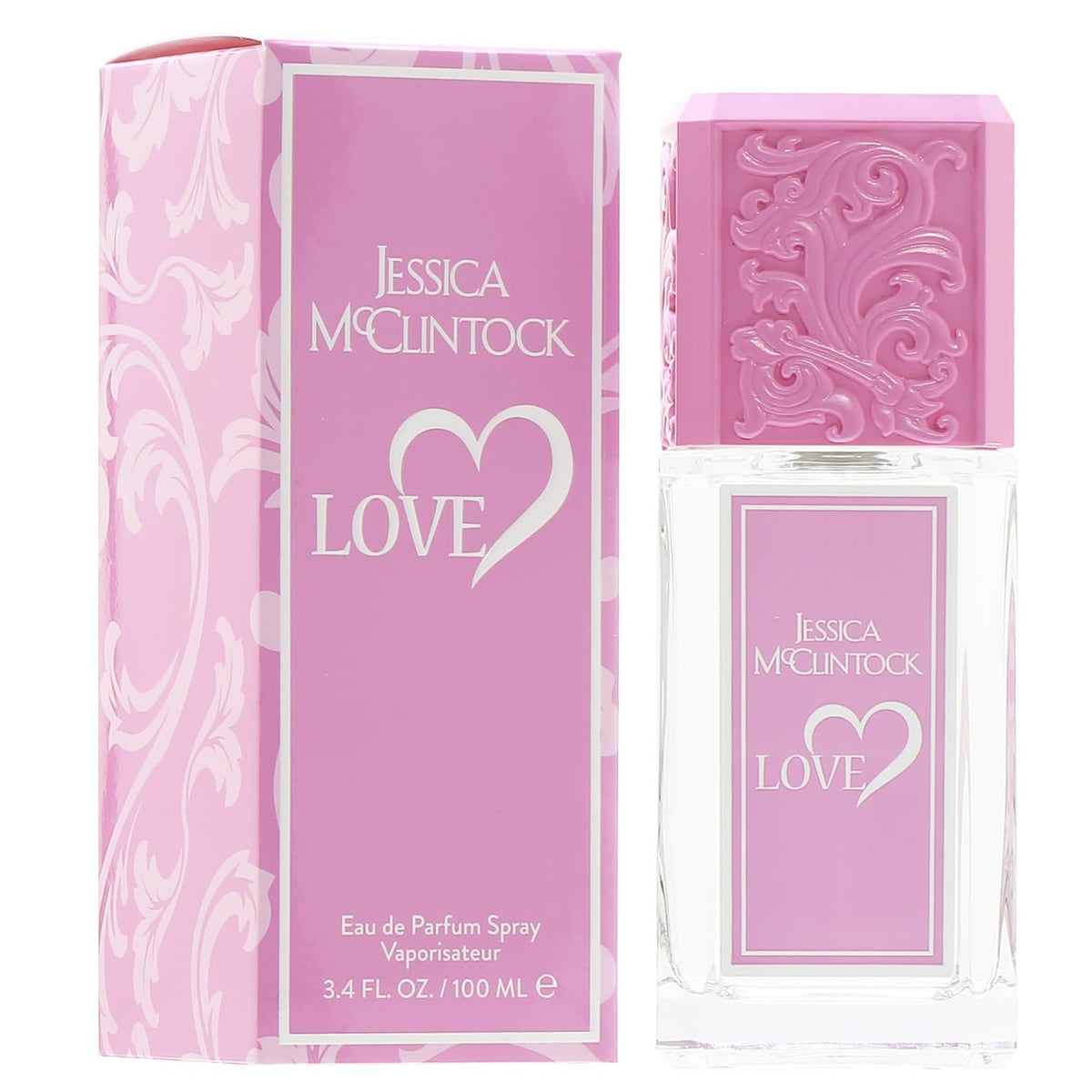 Jessica McClintock Love botella rosa con tapa icónica, presentación elegante para regalar.