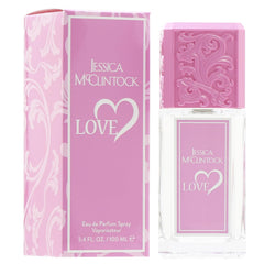 Jessica McClintock Love botella rosa con tapa icónica, presentación elegante para regalar.