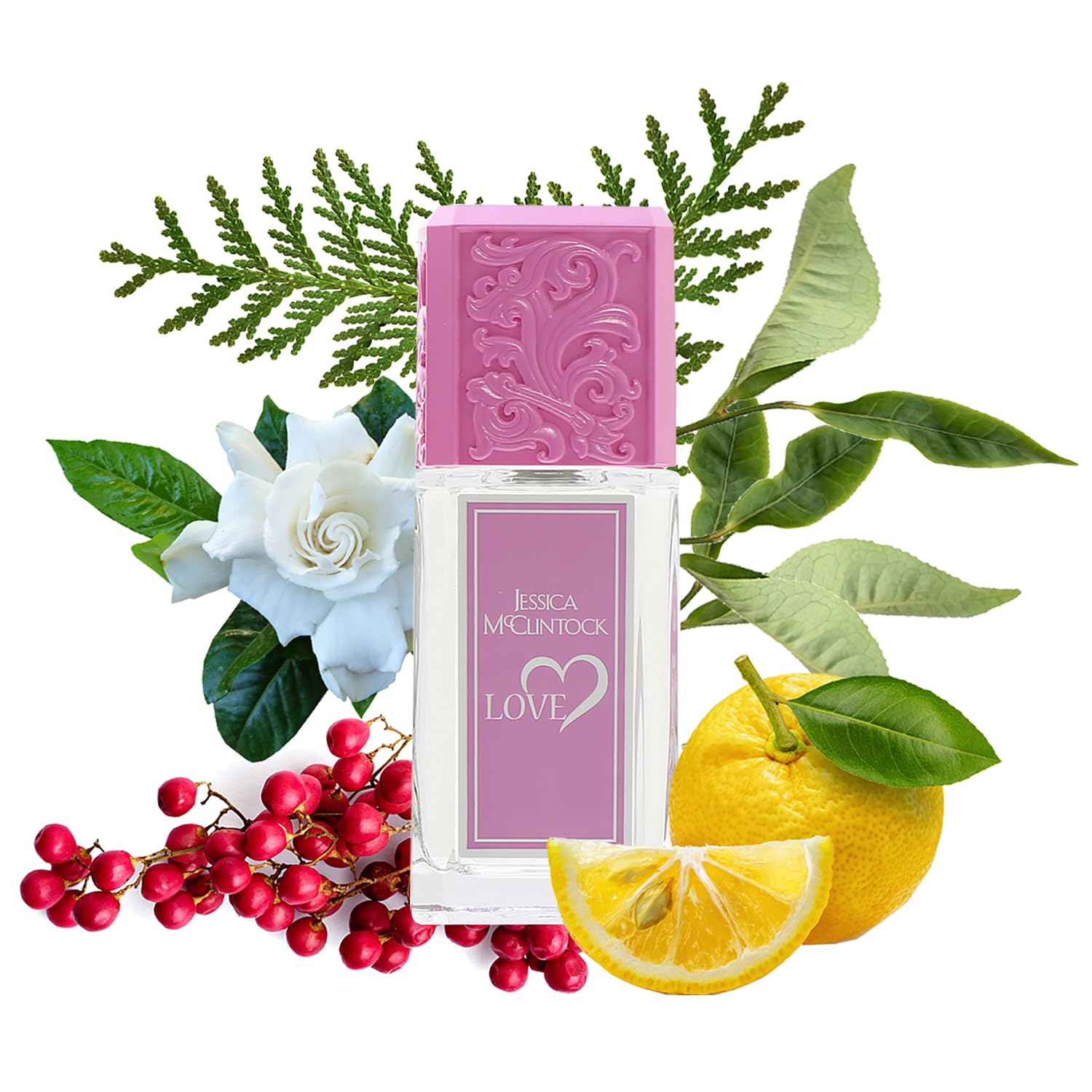 Jessica McClintock Love base musk cedro ámbar para estela cálida.