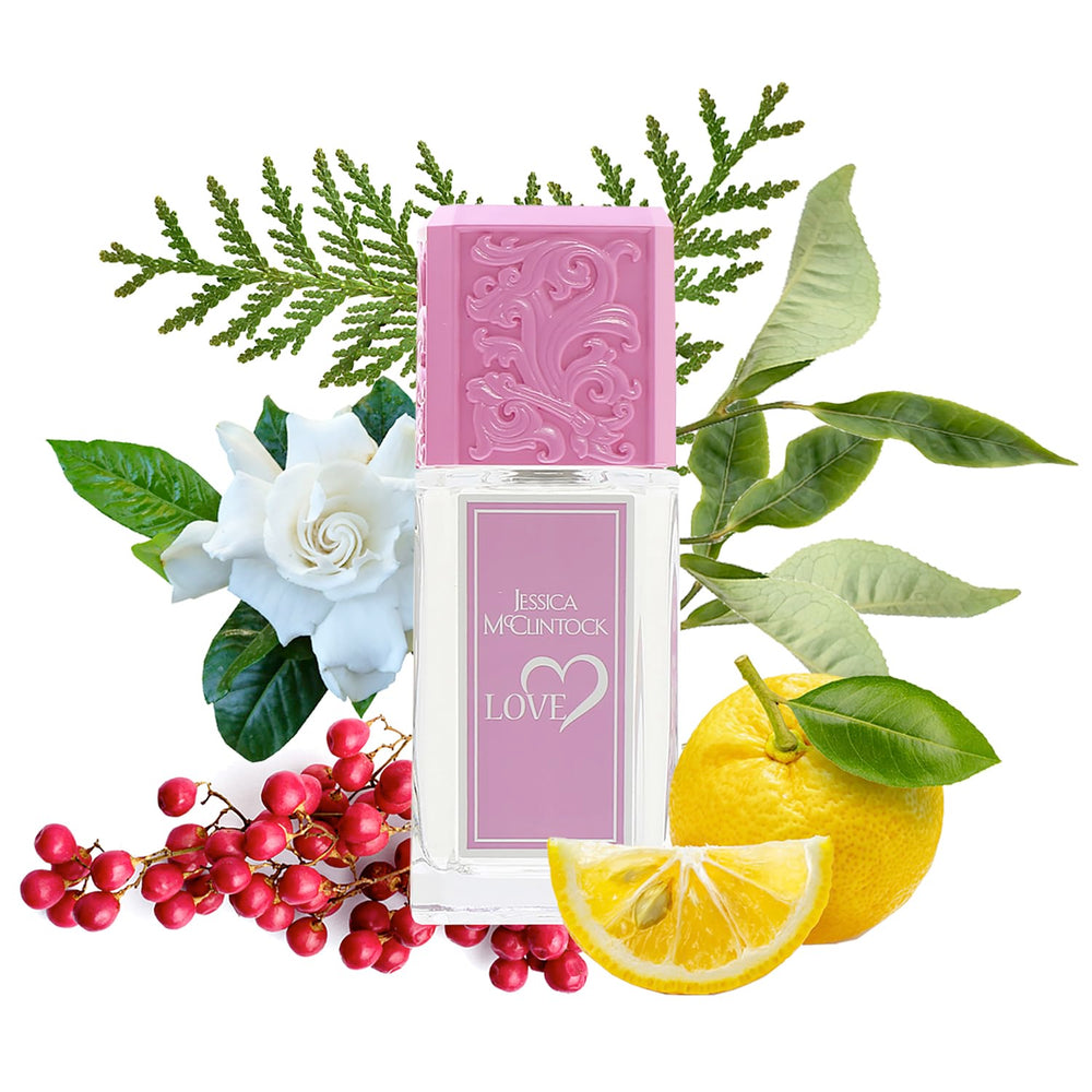 Jessica McClintock Love base musk cedro ámbar para estela cálida.