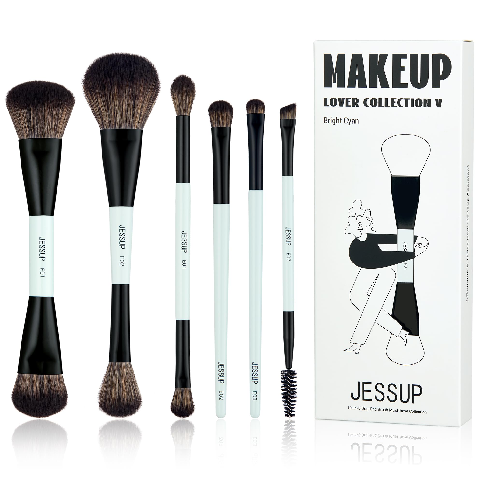 Pinceaux Jessup 6 pièces double-face pour fond de teint lisse.