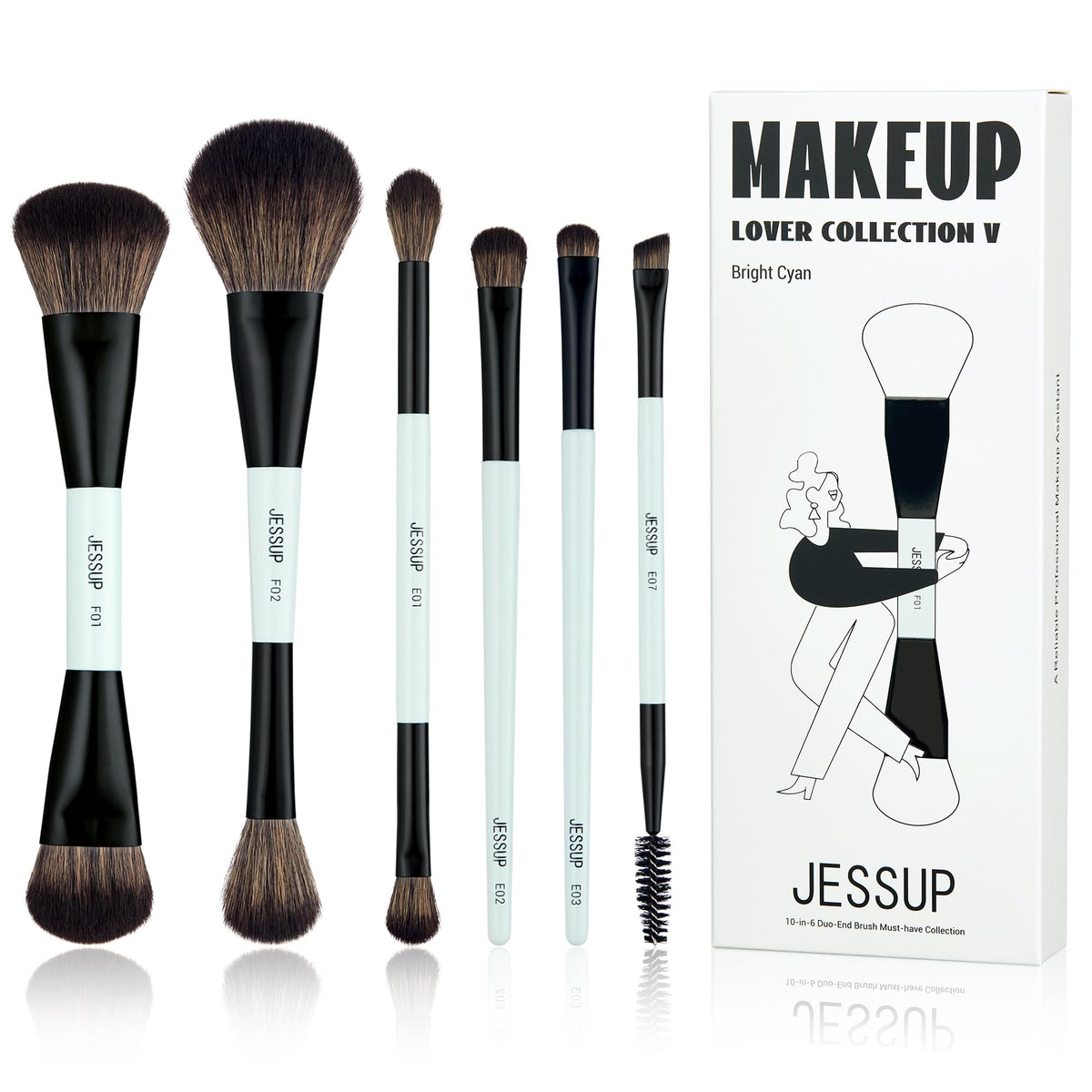 Pinceaux Jessup 6 pièces double-face pour fond de teint lisse.