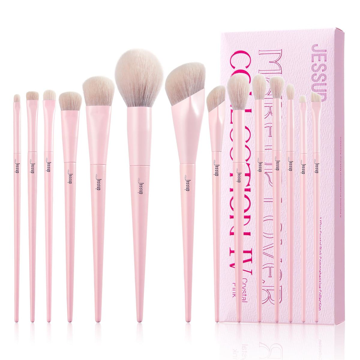 Conjunto Jessup de 14 brochas rosas para un acabado suave y uniforme.