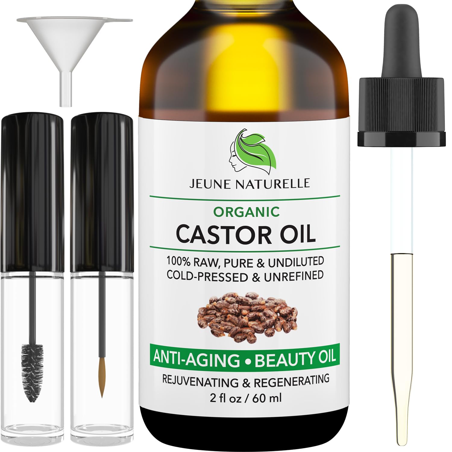 Jeune Naturelle aceite de ricino orgánico, botella de vidrio, para estimular el crecimiento del cabello.