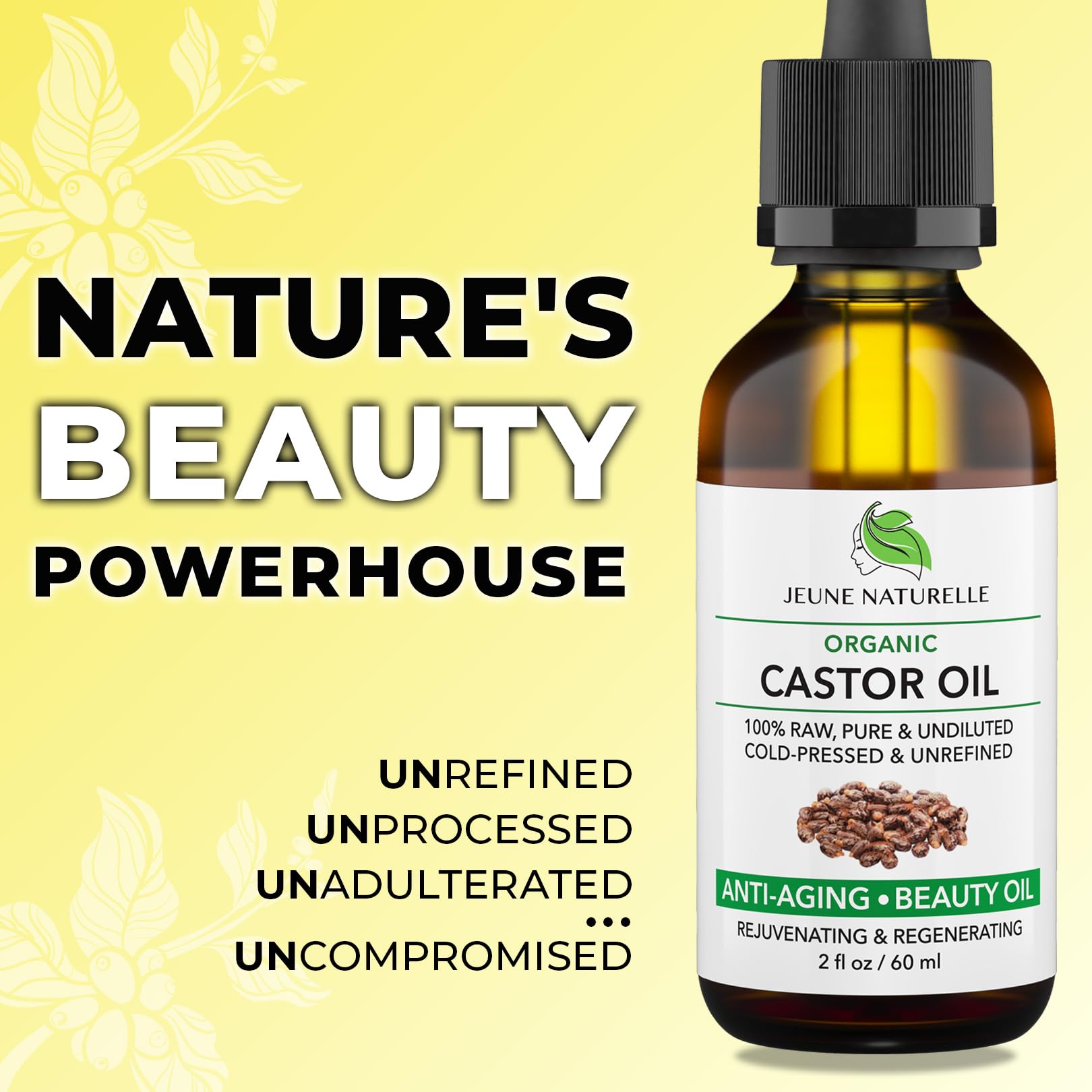 Jeune Naturelle aceite de ricino orgánico con cuentagotas, aplicación precisa para el cabello.