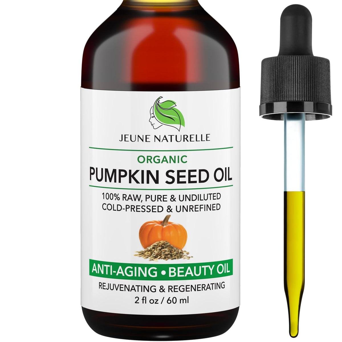 Jeune Naturelle aceite de semilla de calabaza en botella para uso diario.