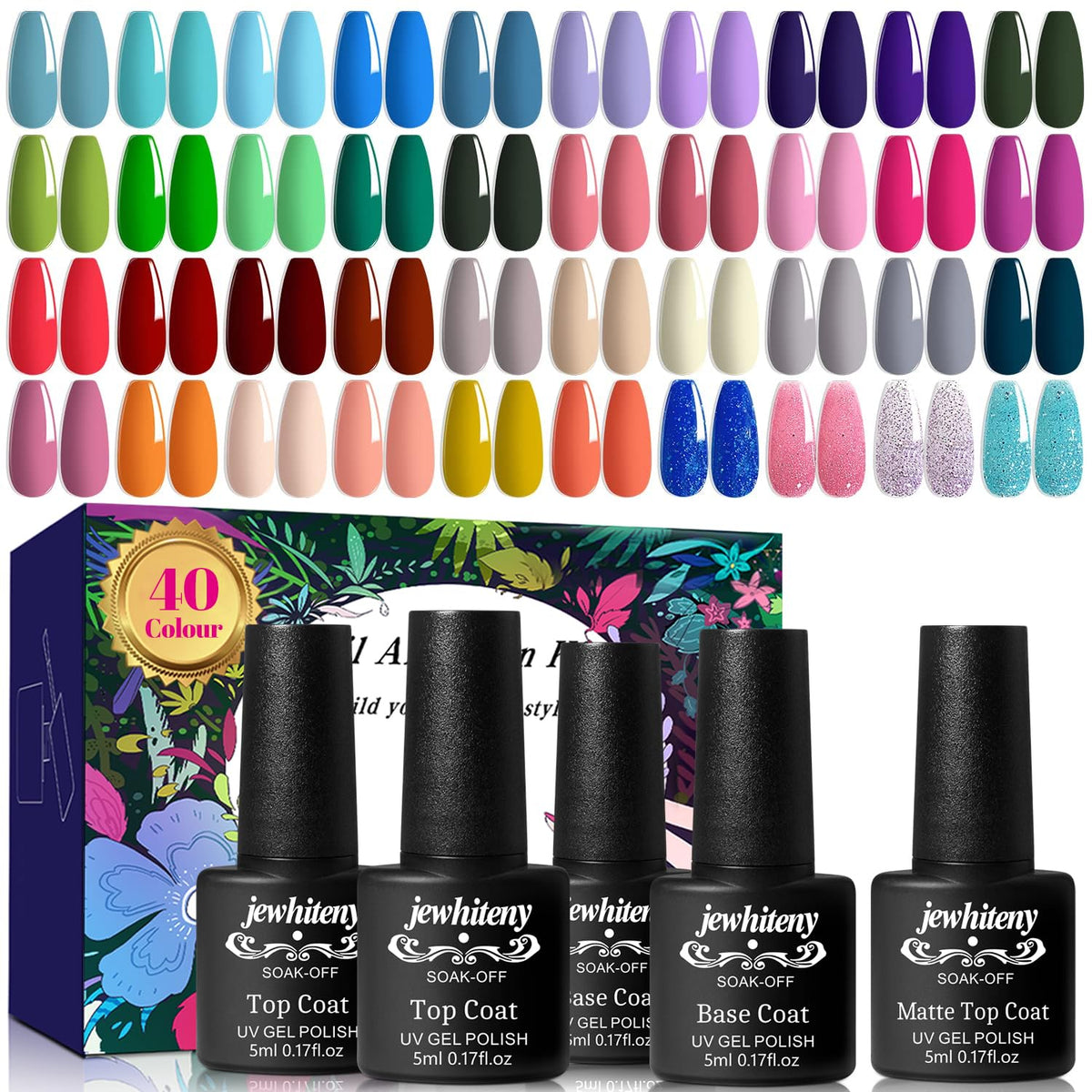 JEWHITENY conjunto esmalte gel 45 piezas para uñas, amplia paleta de colores.