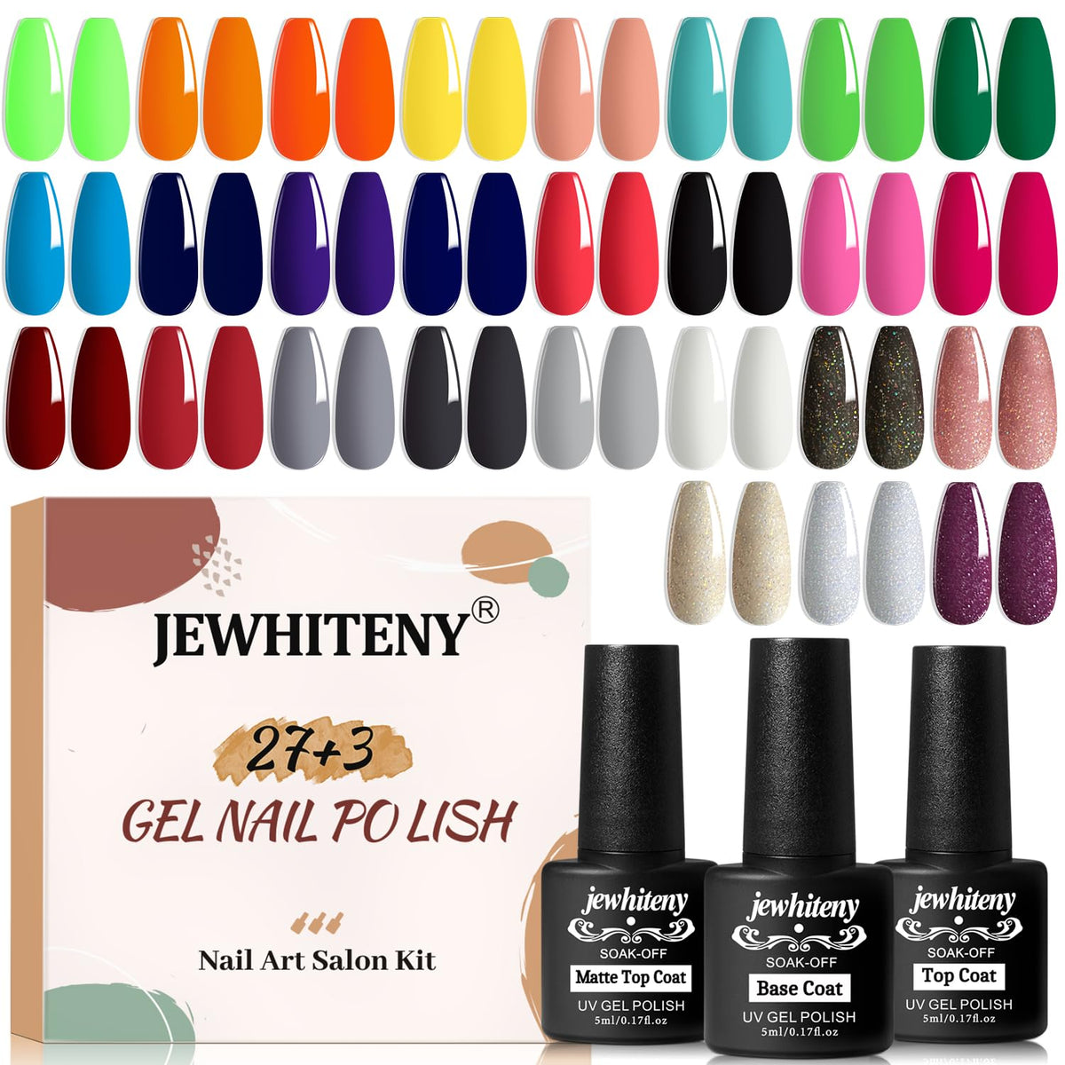 jewhiteny kit esmalte gel 30 piezas: colores brillantes para uñas en casa