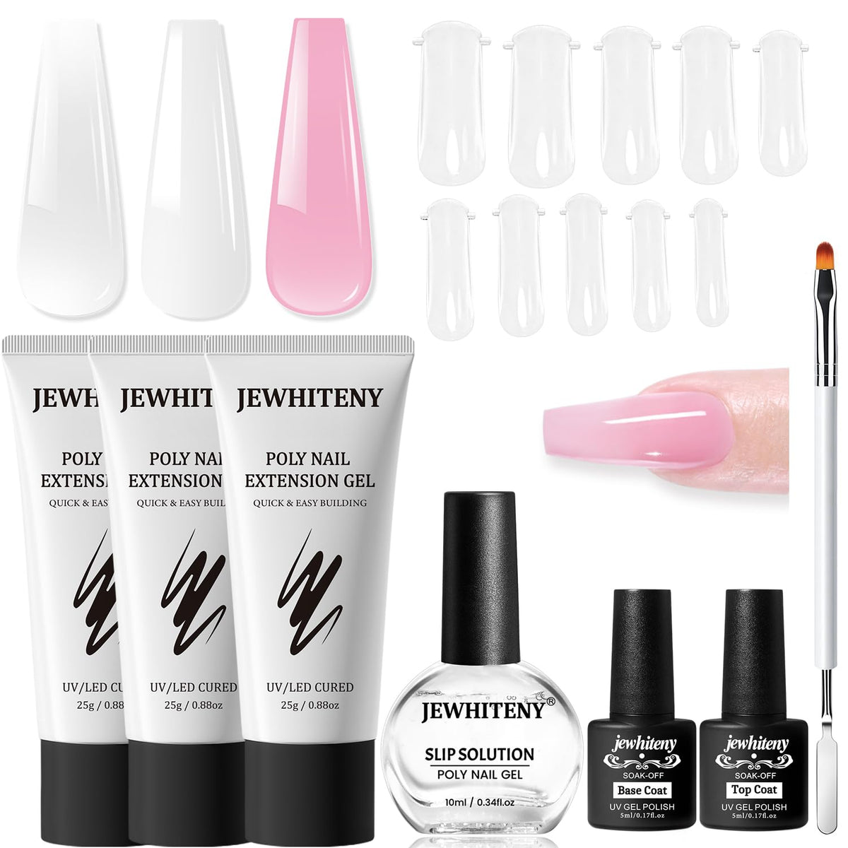 JEWHITENY Poly Extension Set, kit de gel transparente, blanco y rosa para uñas duraderas