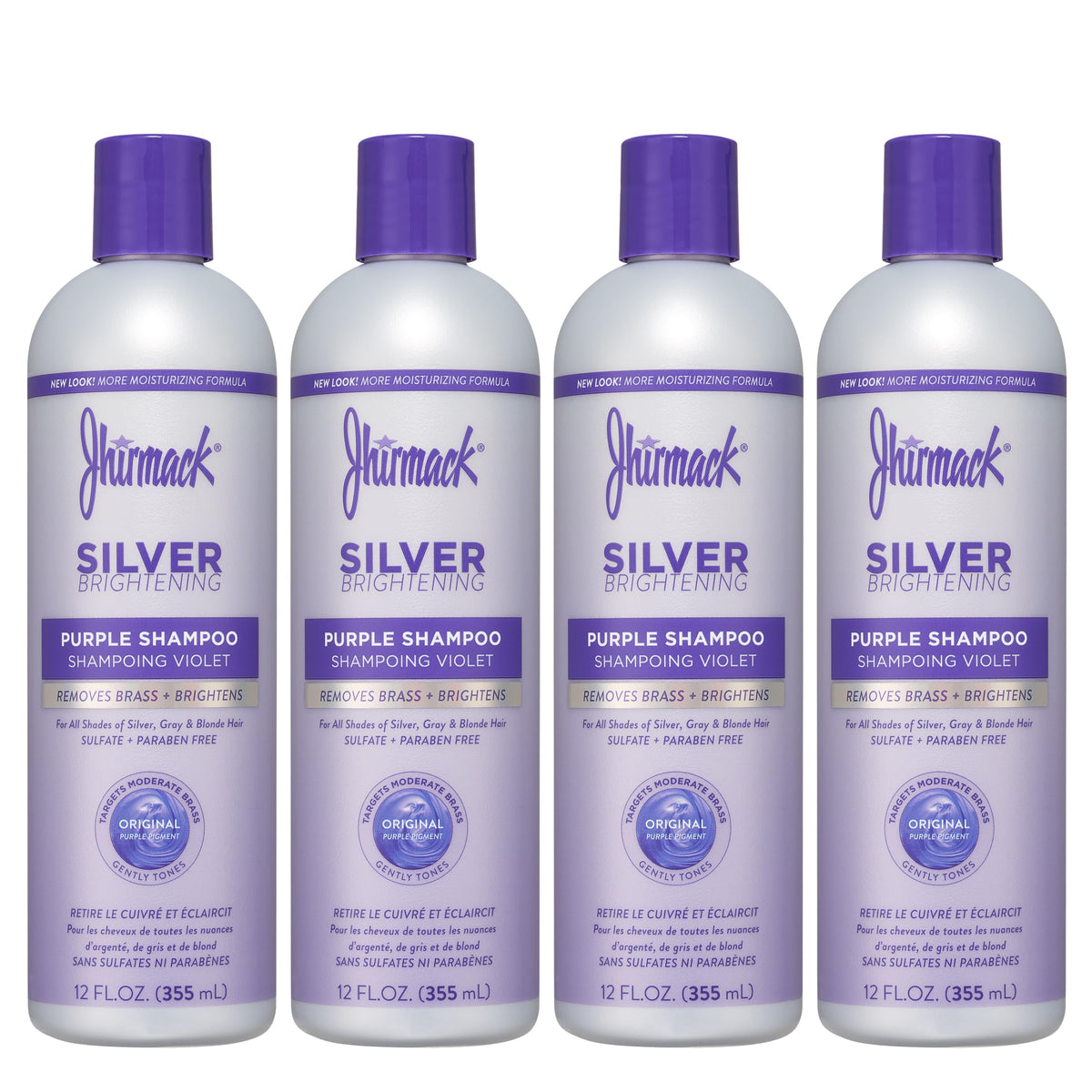 Jhirmack champú plata brillando en botella, ideal para neutralizar tonos amarillos.