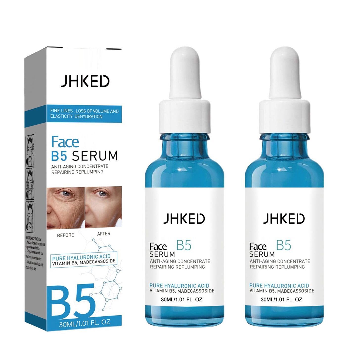 JHKED Serum facial B5, bote vertido, posible hidratación instantánea para piel fresca.