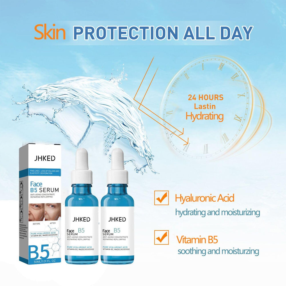 JHKED Serum facial B5, manos aplicando, uso diario para rostro y cuello.