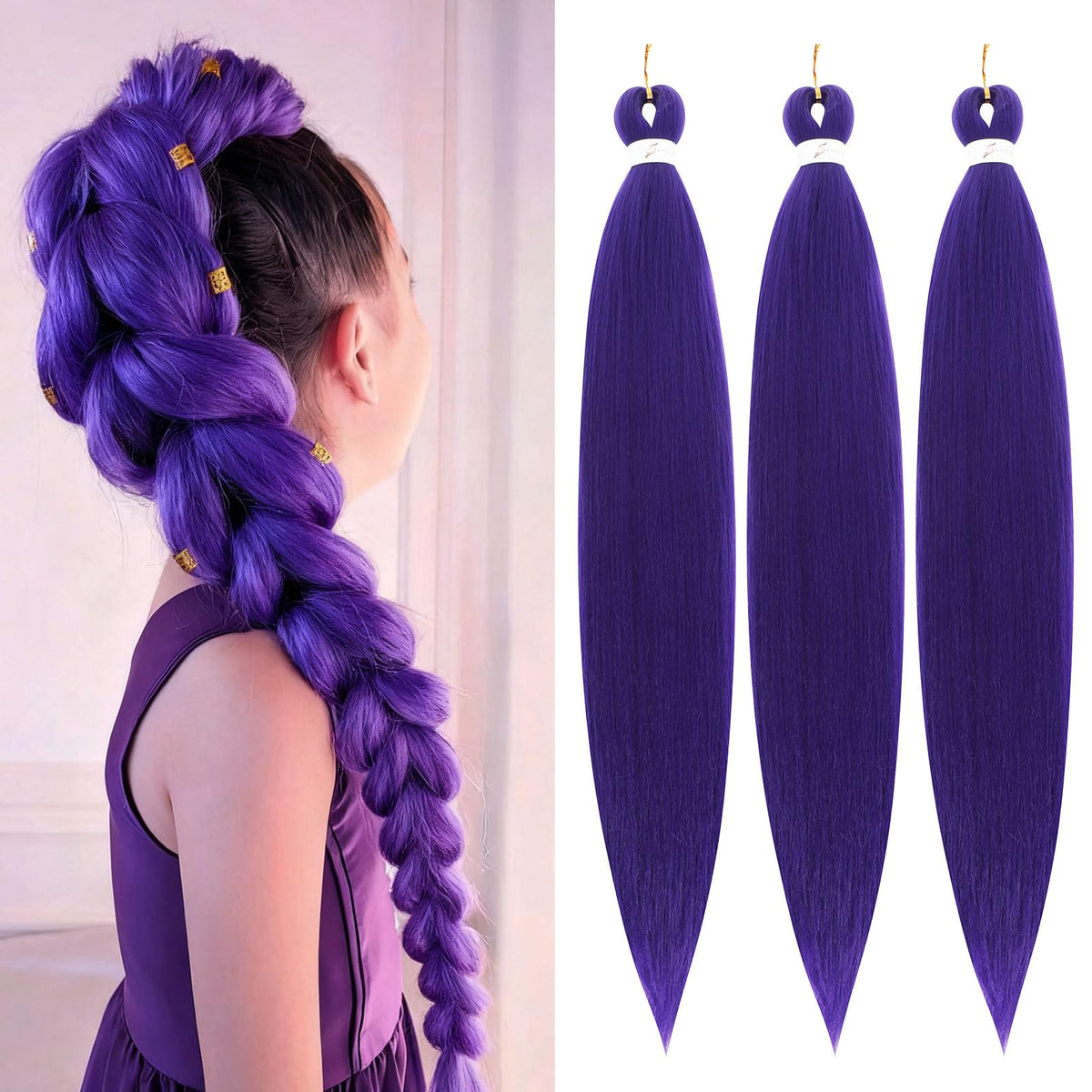 JIEANYAN cabello trenzado morado de 24 pulgadas, listo para peinados duraderos.