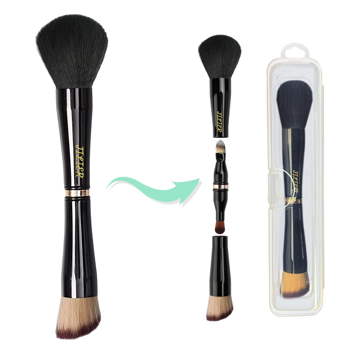 Set de brochas JILIER 4 en 1 con estuche, ideal para retoques en viaje.