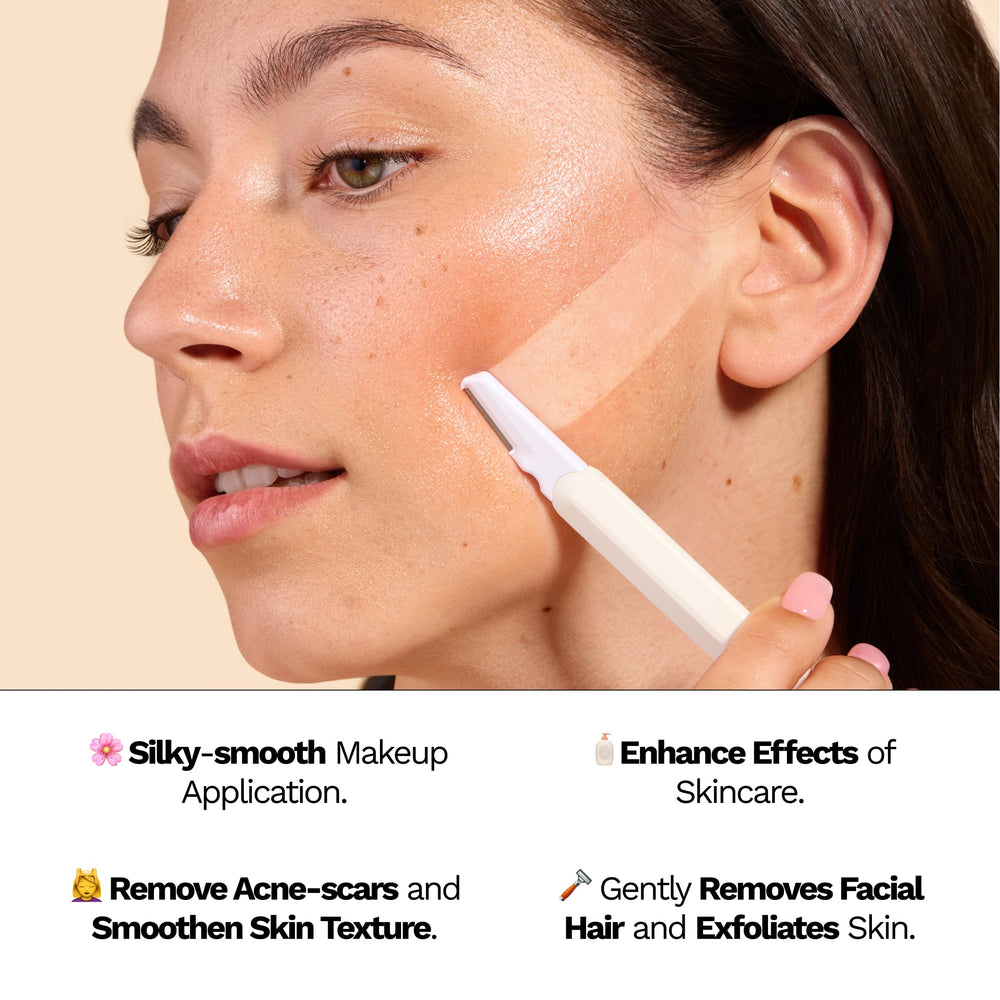 Navaja facial Jill Dermaplane rosa con hoja exfoliante para suavizar piel.