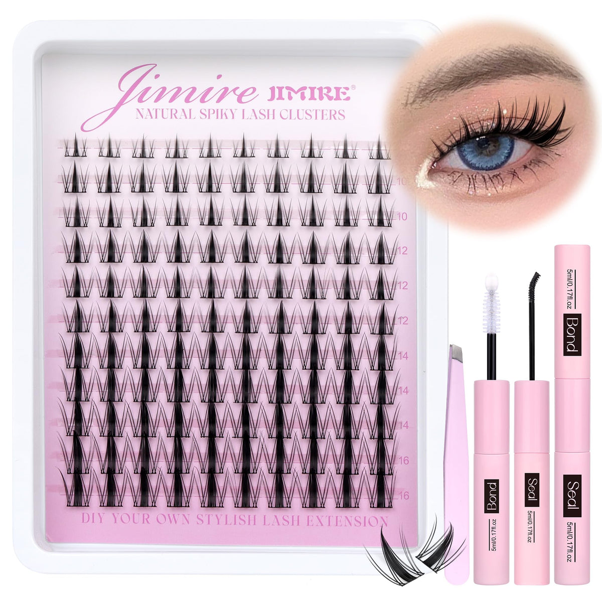 JIMIRE Lash Clusters Kit manga con banda ancha para aplicación rápida y natural.